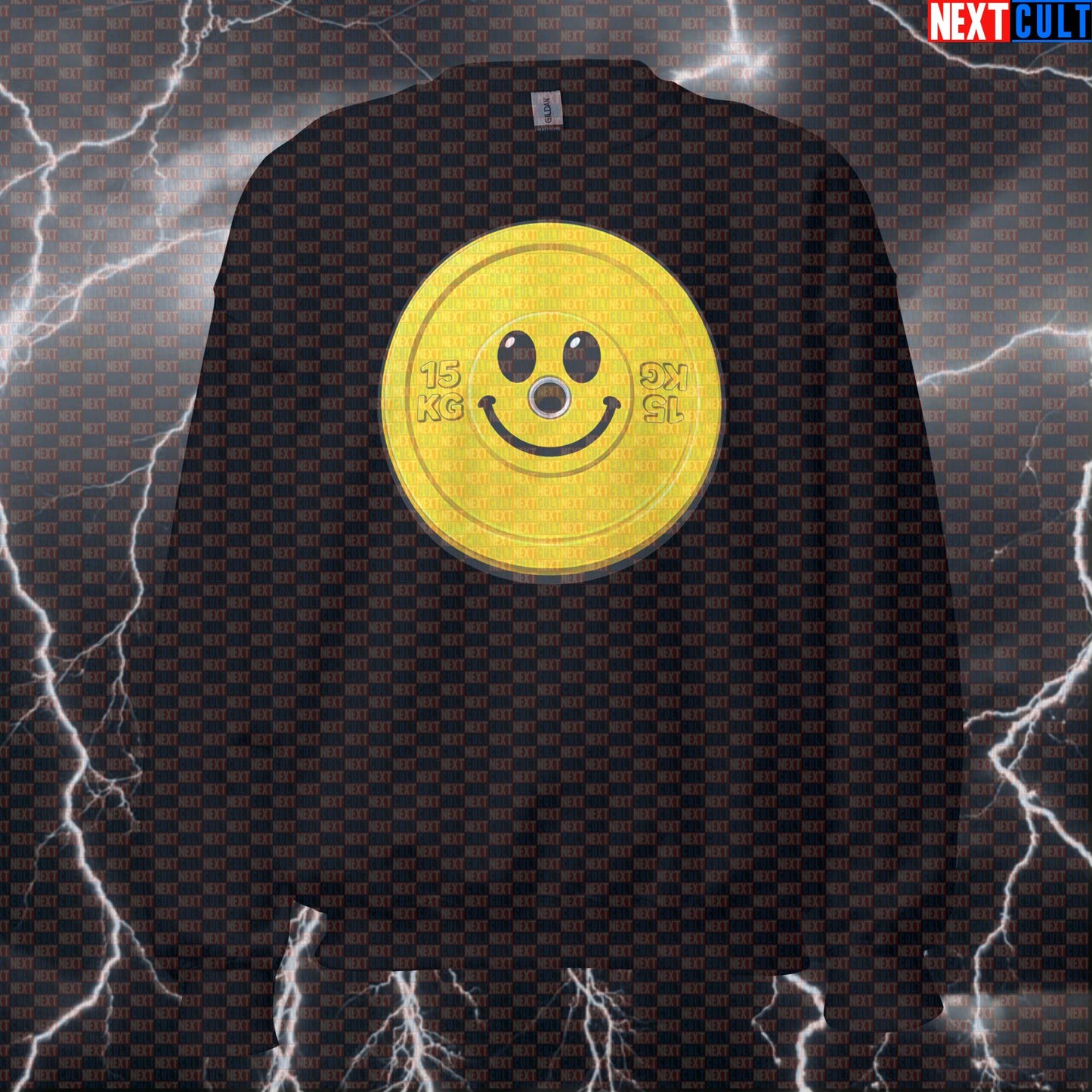 Happy Weights Emoji Weight Plate Funny Gym Sweatshirt Smiley Face Weight Gym Makes Me Happy Meme Sweatshirts Next Cult Brand
