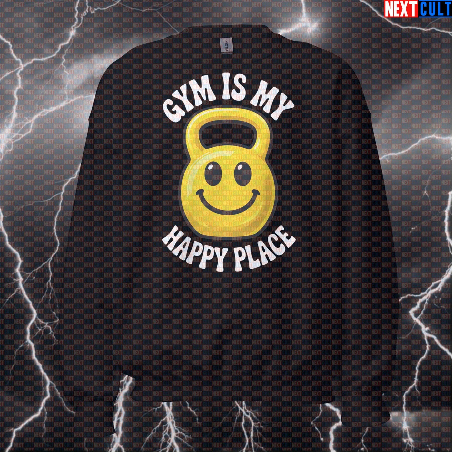 Gym Is My Happy Place Funny Gym Sweatshirt Happy Kettlebell Emoji Smiley Face Weight Meme Sweatshirts Bodybuilding Fitness Gym Kettlebell Pump Cover Workout Next Cult Brand