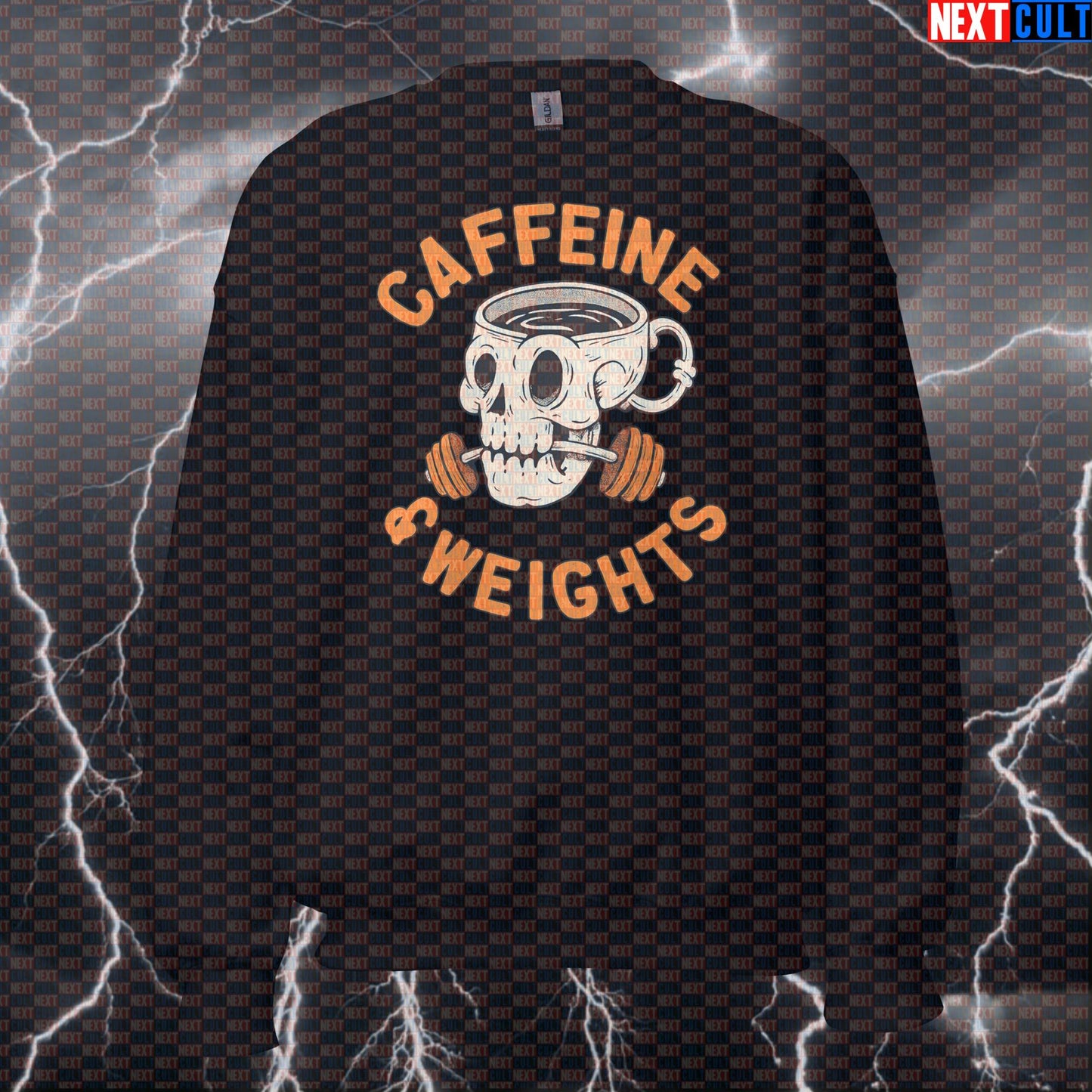 Caffeine & Weights Funny Gym Sweatshirt for Coffee Fueled Workouts, Bodybuilding and Powerlifting Bodybuilding Coffee Fast Food Fitness Gym Powerlifting Pump Cover Workout Next Cult Brand