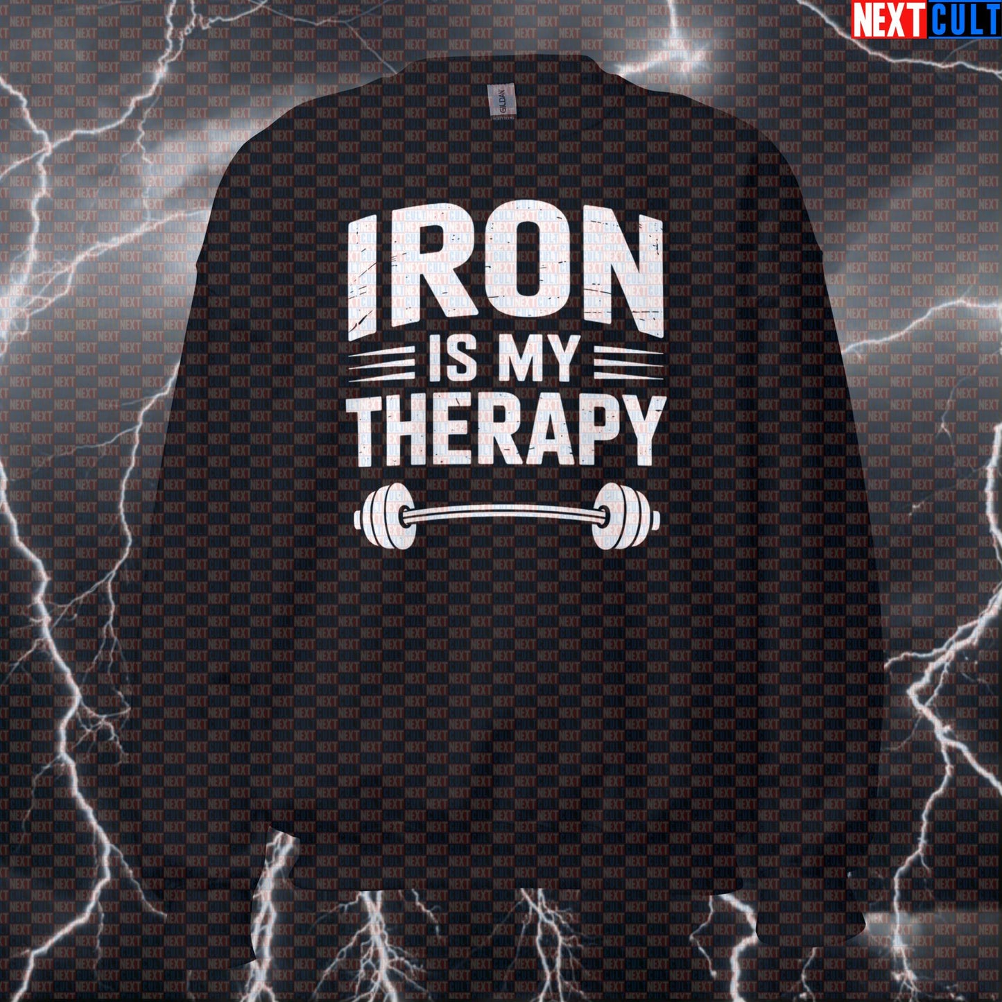 Iron Is My Therapy Funny Gym Sweatshirt – Workout Fitness Lifting Bodybuilding Powerlifting Meme Crewneck Pullover Bodybuilding Fitness Gym Powerlifting Pump Cover Workout Next Cult Brand