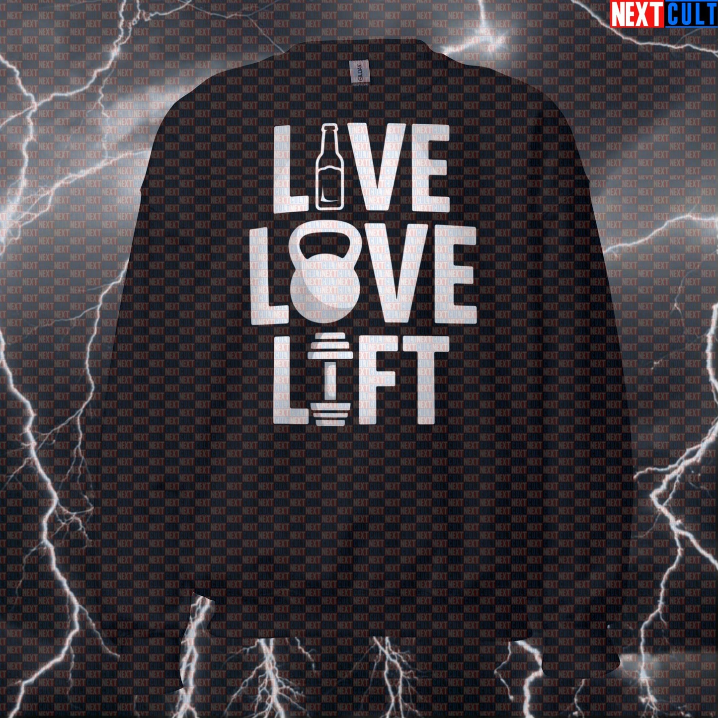 Live Love Lift Funny Gym Sweatshirt Crewneck Pump Cover Pullover Sweater for Lifters Workout Gymbro Apparel Beer Bodybuilding Fitness Gym Kettlebell Pump Cover Workout Next Cult Brand
