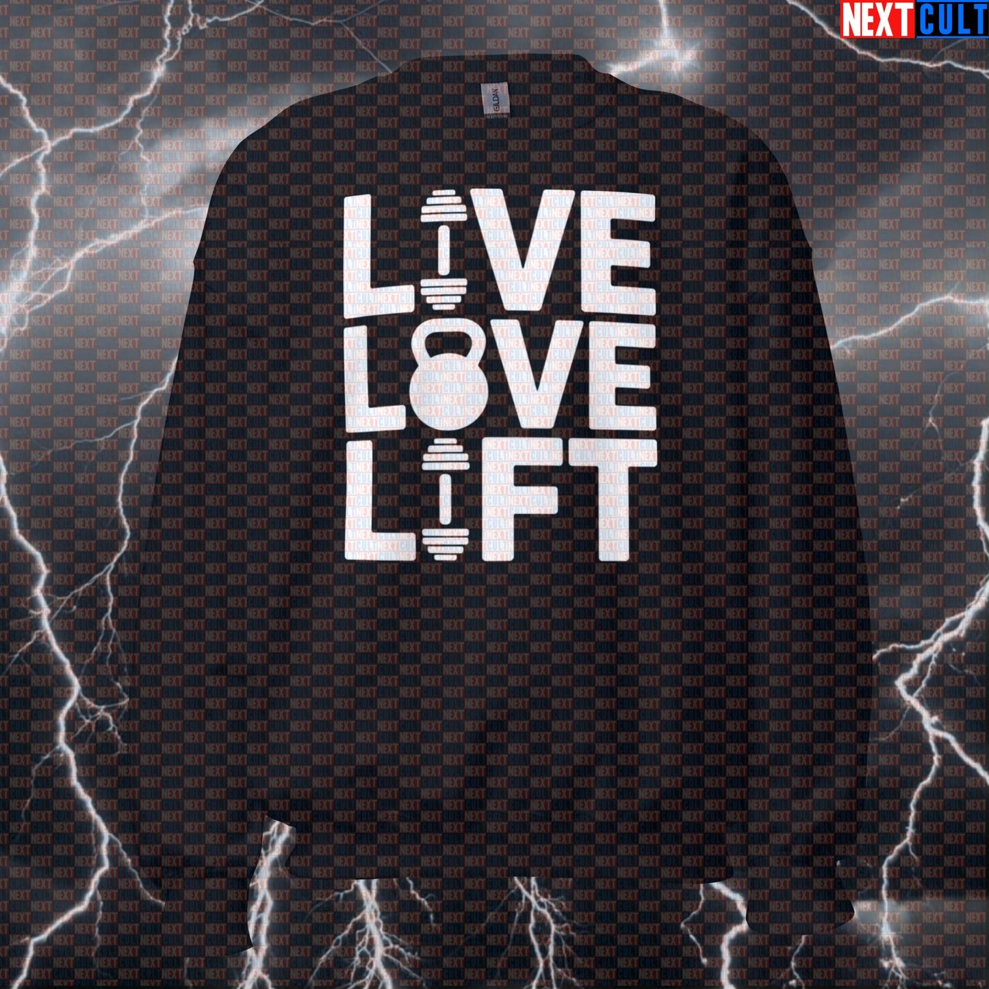 Live Love Lift Funny Gym Sweatshirt Crewneck Pump Cover Pullover Sweater for Lifters Gymbro Workout Fans Bodybuilding Fitness Gym Kettlebell Pump Cover Workout Next Cult Brand