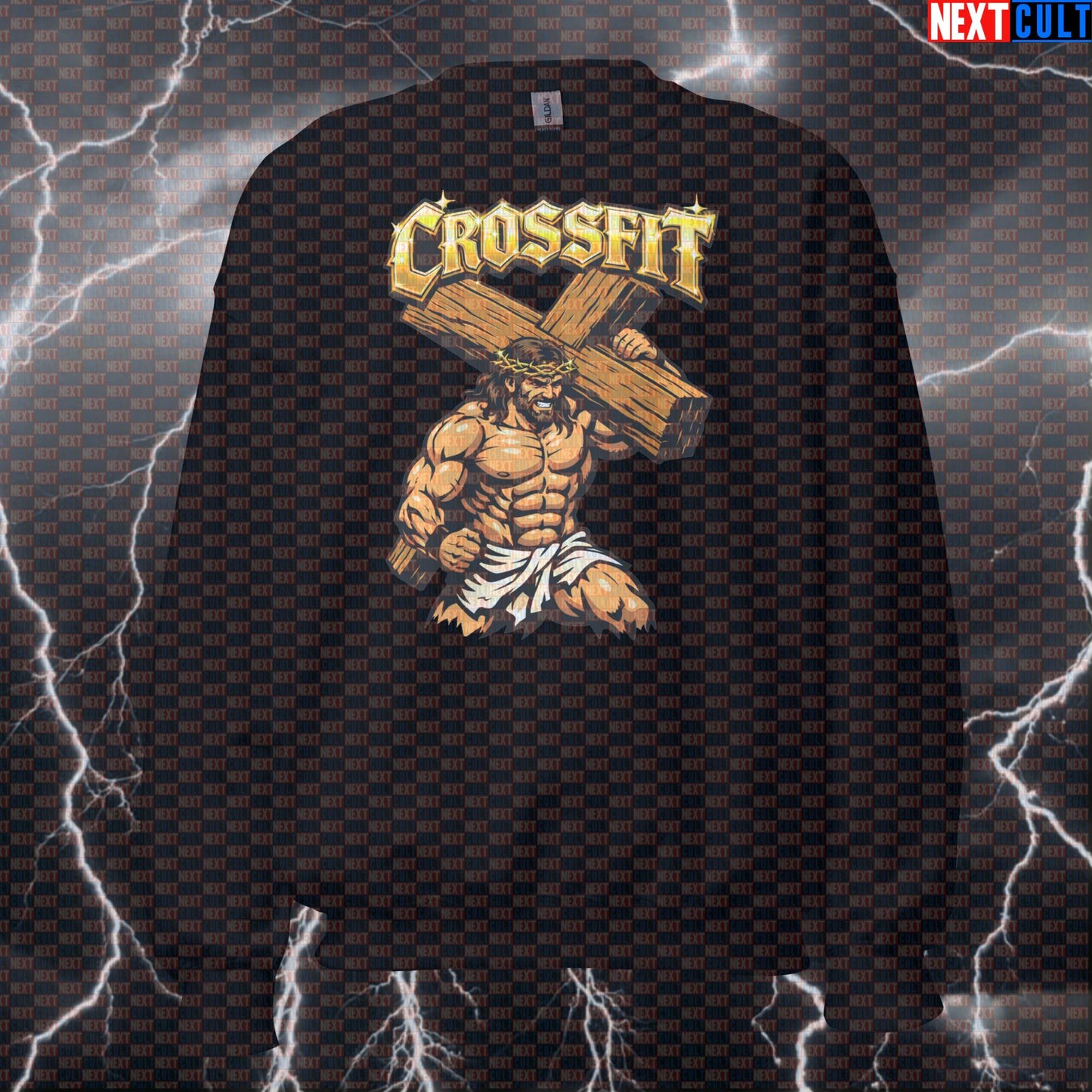 CrossFit Jesus Christ Carrying Cross Funny Gym Sweatshirt – Fitness Workout Lifting Bodybuilding Powerlifting Meme Crewneck CrossFit Easter Fitness Functional Fitness Gym Jesus Pump Cover Workout Next Cult Brand