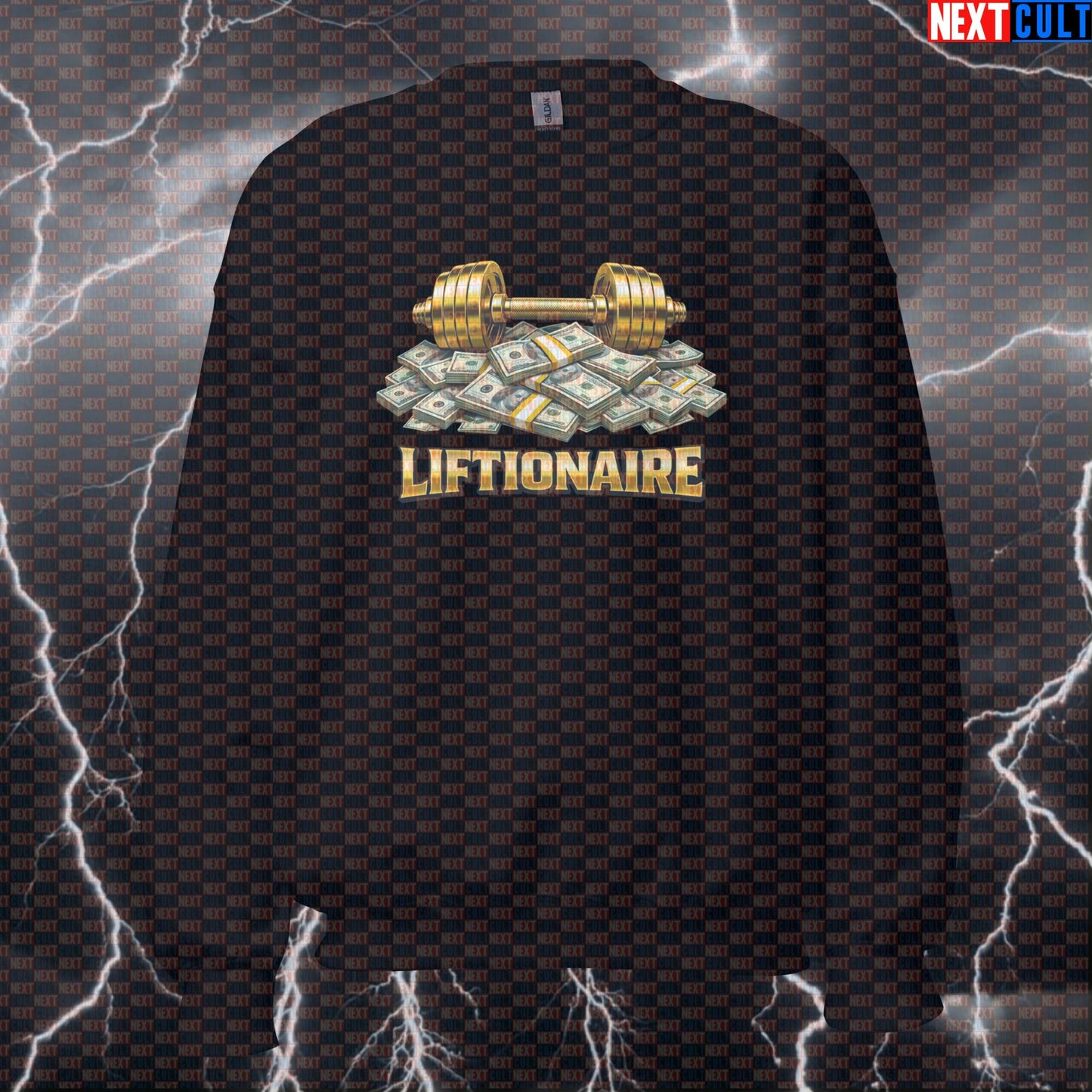 Liftionaire Funny Gym Sweatshirt Money Barbell Meme Workout Sweatshirt Bodybuilding Fitness Pullover Sweatshirts Next Cult Brand