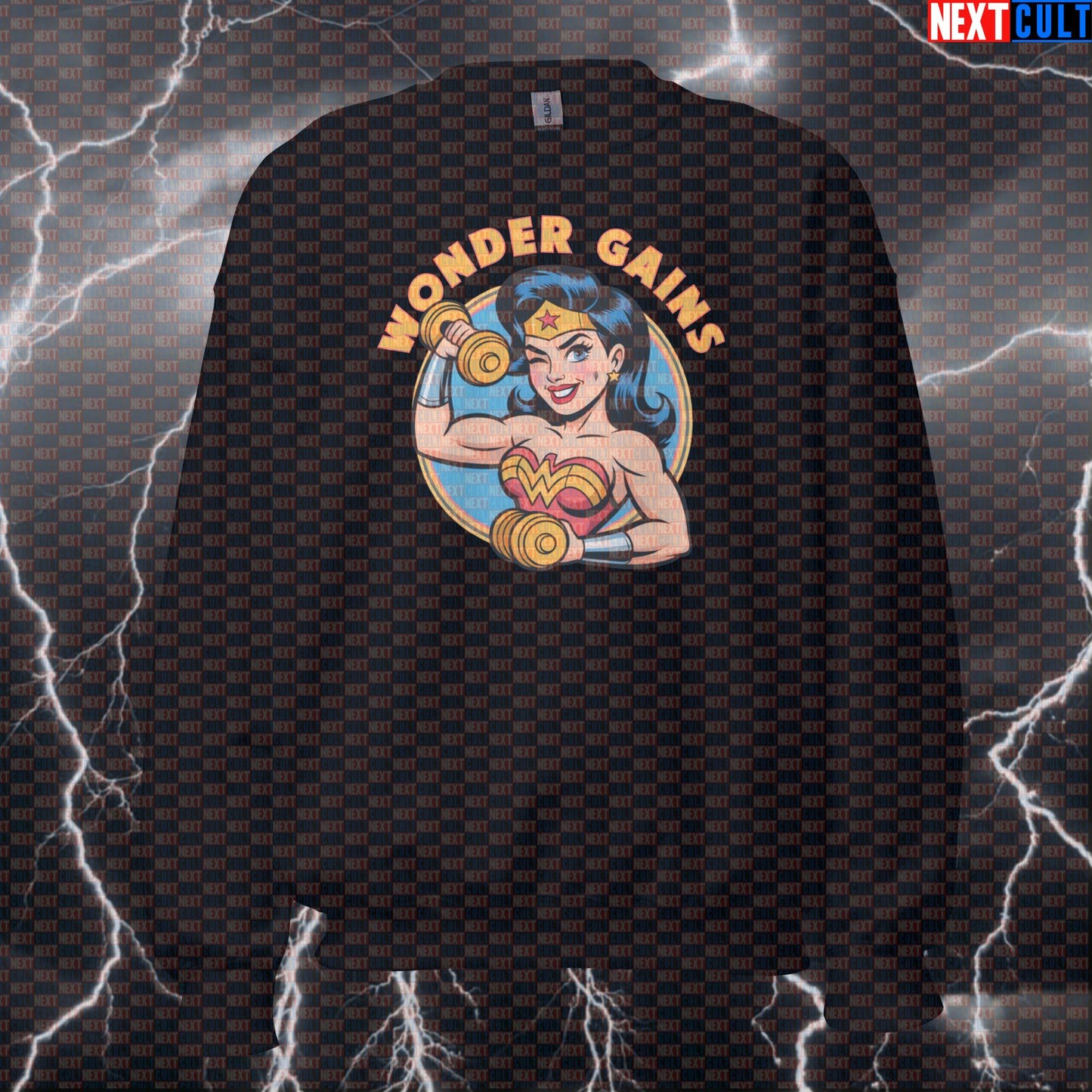 Wonder Gains Funny Gym Sweatshirt Crewneck Pump Cover Pullover Sweater for Lifters Gymbro Workout Superhero Fans Sweatshirts Next Cult Brand