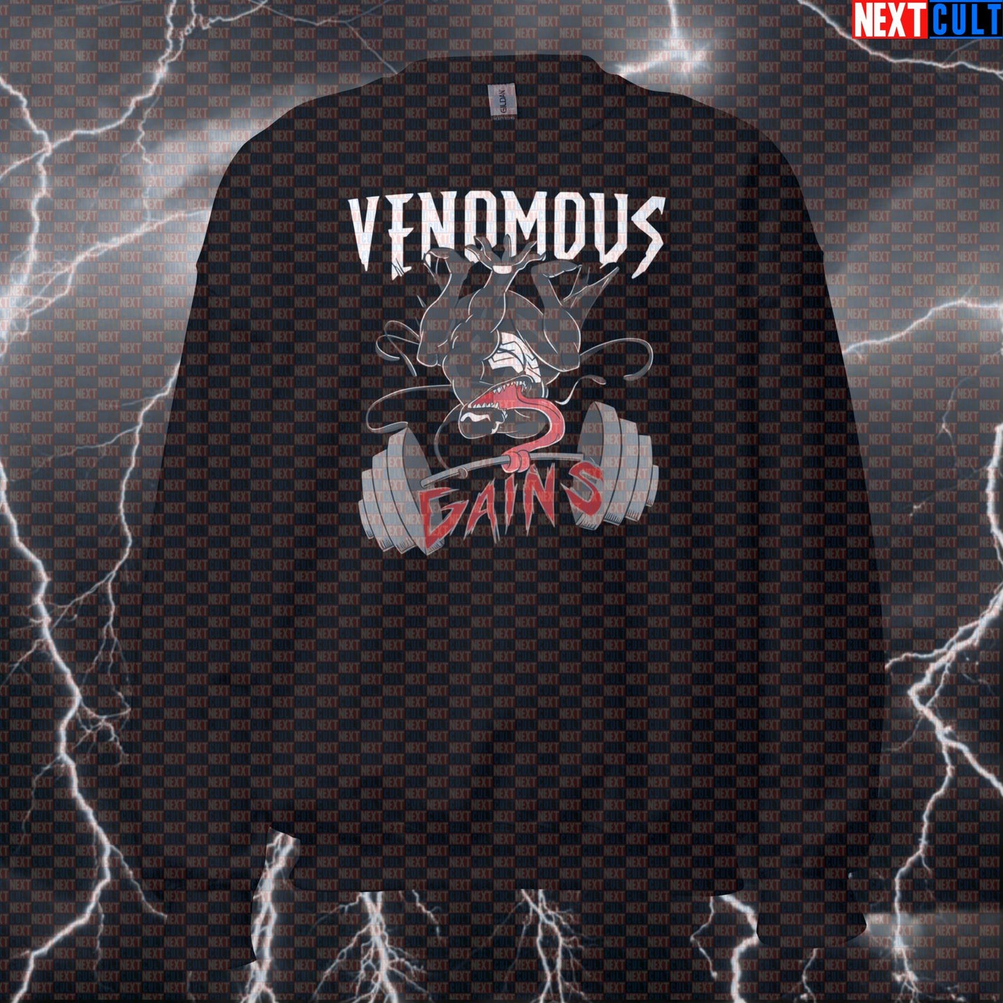 Venomous Gains Funny Gym Sweatshirt Crewneck Pump Cover Pullover Sweater for Lifters Bodybuilding Meme Gymbro Workout Top Bodybuilding Films Fitness Gym Powerlifting Pump Cover Superheroes Venom Workout Next Cult Brand