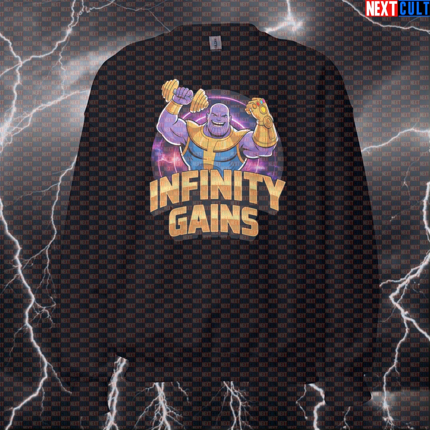 Infinity Gains Thanos Funny Gym Sweatshirt Crewneck Pump Cover Pullover Sweater Workout Sweatshirt for Lifters Gymbros Sweatshirts Next Cult Brand