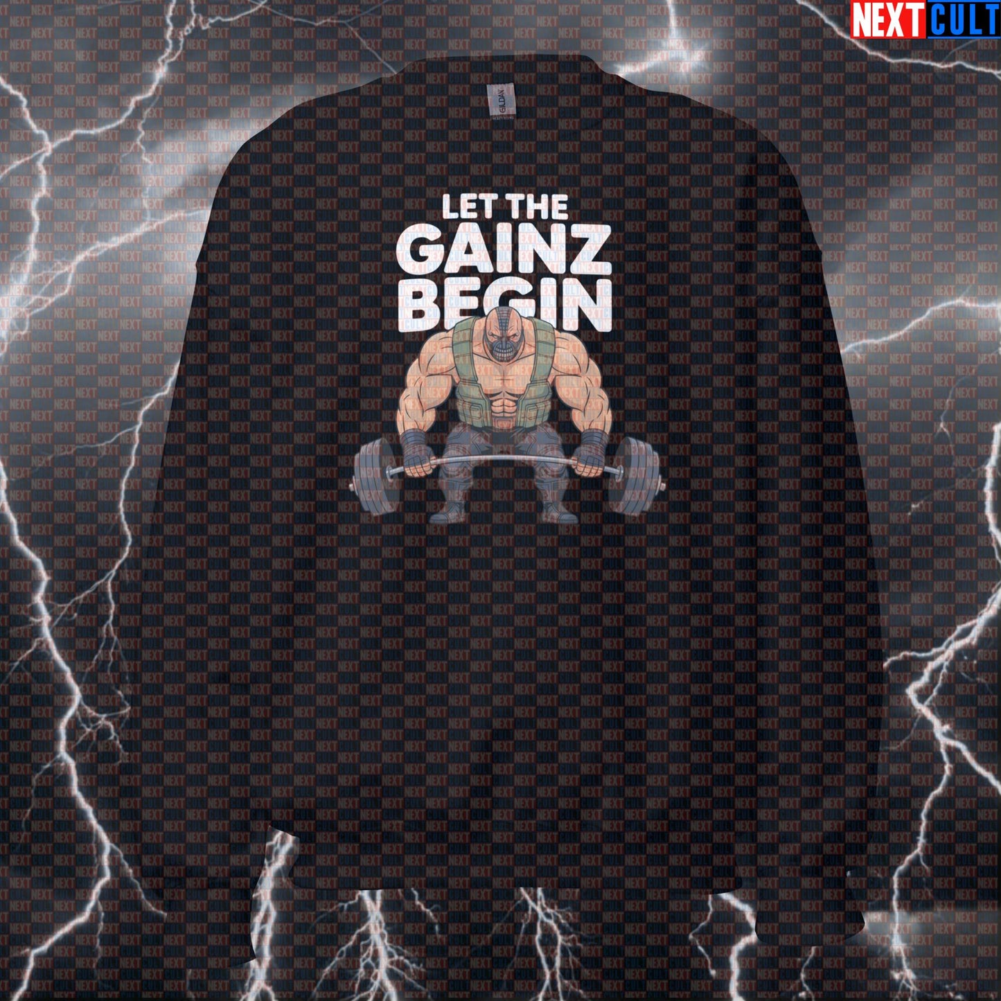 Let the Gainz Begin Funny Gym Sweatshirt Bane Inspired Workout Sweatshirt Crewneck Pump Cover Pullover for Lifters Bane Bodybuilding Films Fitness Gym Leg Day Powerlifting Pump Cover Superheroes Workout Next Cult Brand