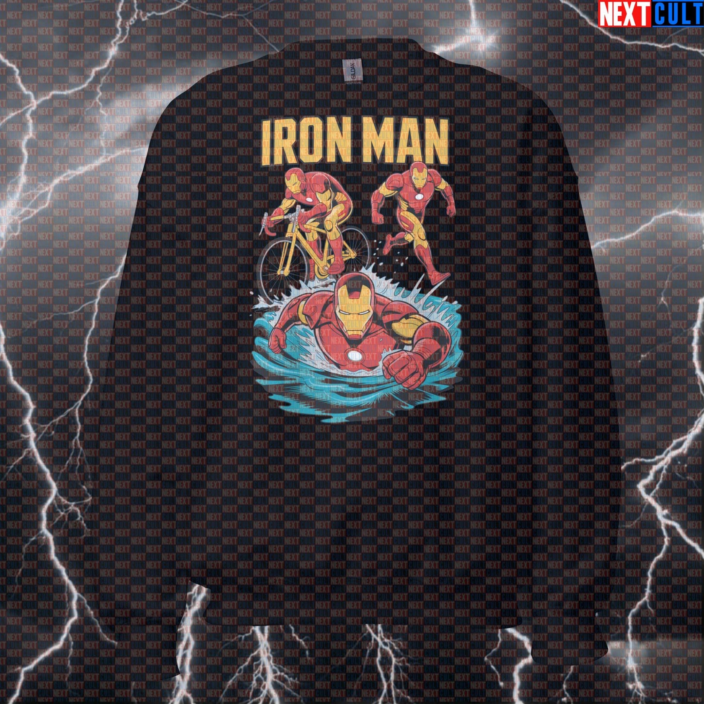 Iron Man Triathlon Funny Gym Sweatshirt Crewneck Pump Cover Pullover Sweater for Swim Bike Run Athletes Avengers Cardio Films Fitness Gym Iron Man Pump Cover Superheroes Workout Next Cult Brand