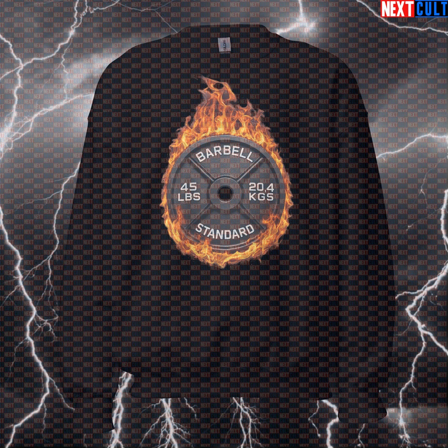 Flaming 45LB Weight Plate Funny Gym Sweatshirt Fire Barbell Lifting Workout Sweatshirt Fitness Sweatshirts Next Cult Brand