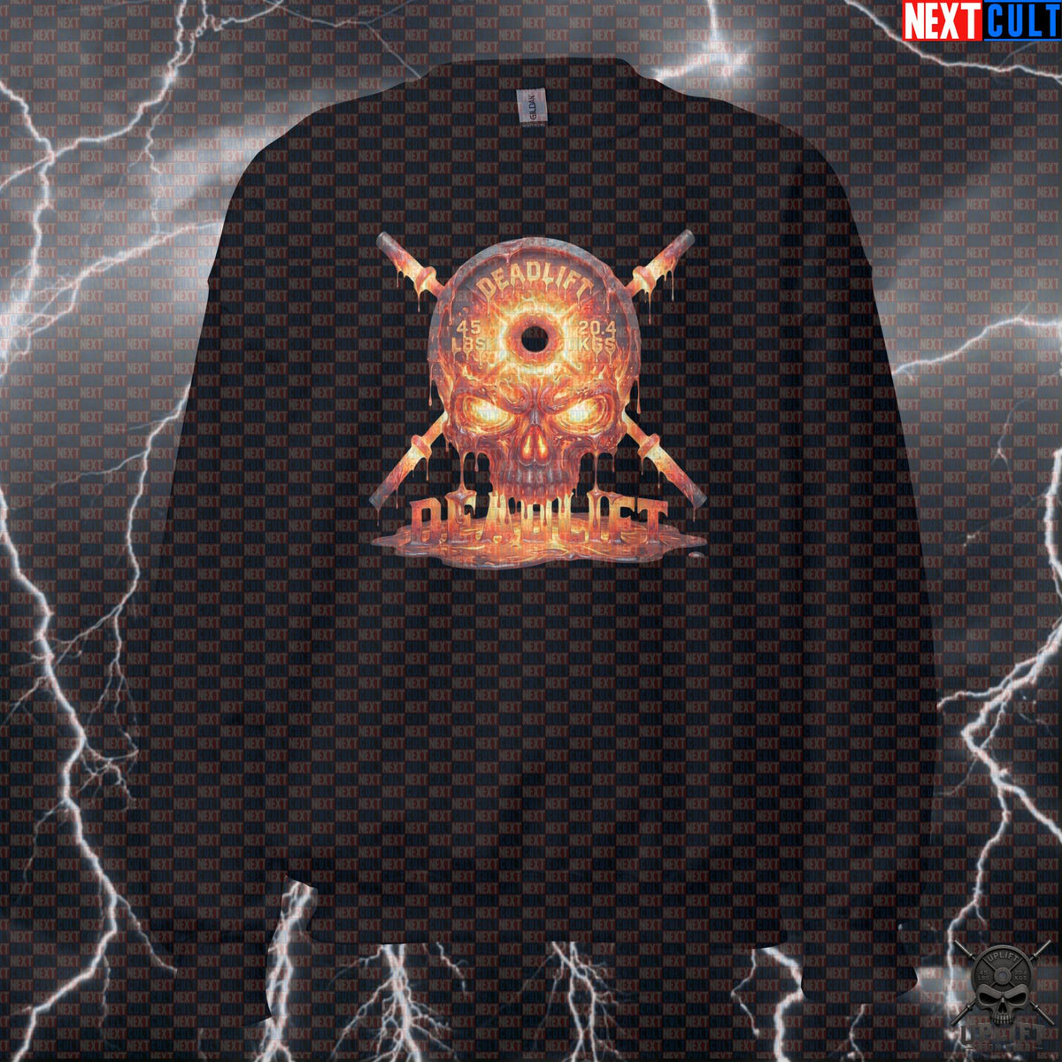 Deadlift Sweatshirt Fiery Skull Graphic for Lifters, Hardcore Fitness Pullover Gift Sweatshirts Next Cult Brand
