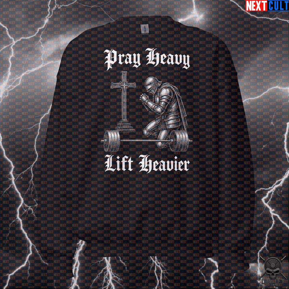 Christian Gym Sweatshirt Pray Heavy Lift Heavier Medieval Crewneck for Strength Athletes Sweatshirts Next Cult Brand