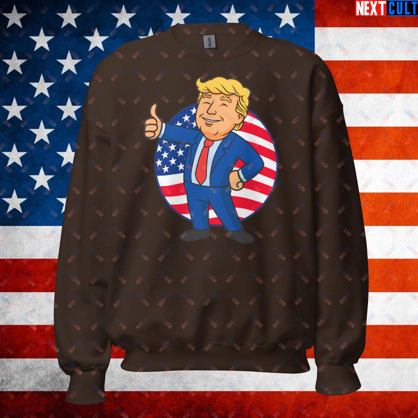 President Boy Donald Trump Politics Vault Boy Fallout Funny Meme Cartoon Mashup Unisex Sweatshirt Dark Chocolate Sweatshirts Donald Trump Fallout Politics Republicans Vault Boy Next Cult Brand