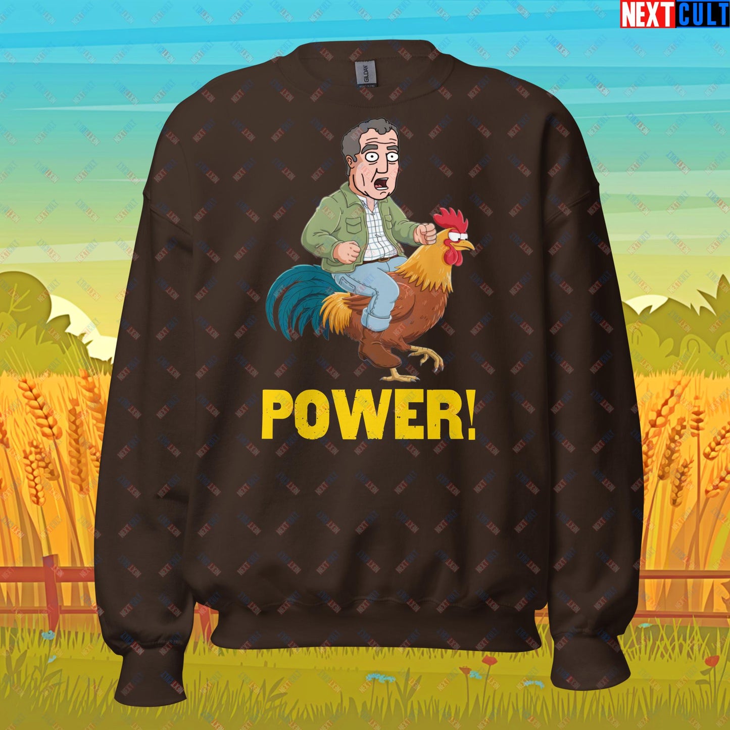 Power Rooster Chicken Farming Jeremy Clarkson's Farm Diddly Squat Grand Tour Top Gear Funny Meme Cartoon Unisex Sweatshirt Dark Chocolate Sweatshirts Clarkson's Farm Grand Tour Jeremy Clarkson Top Gear TV Shows Next Cult Brand
