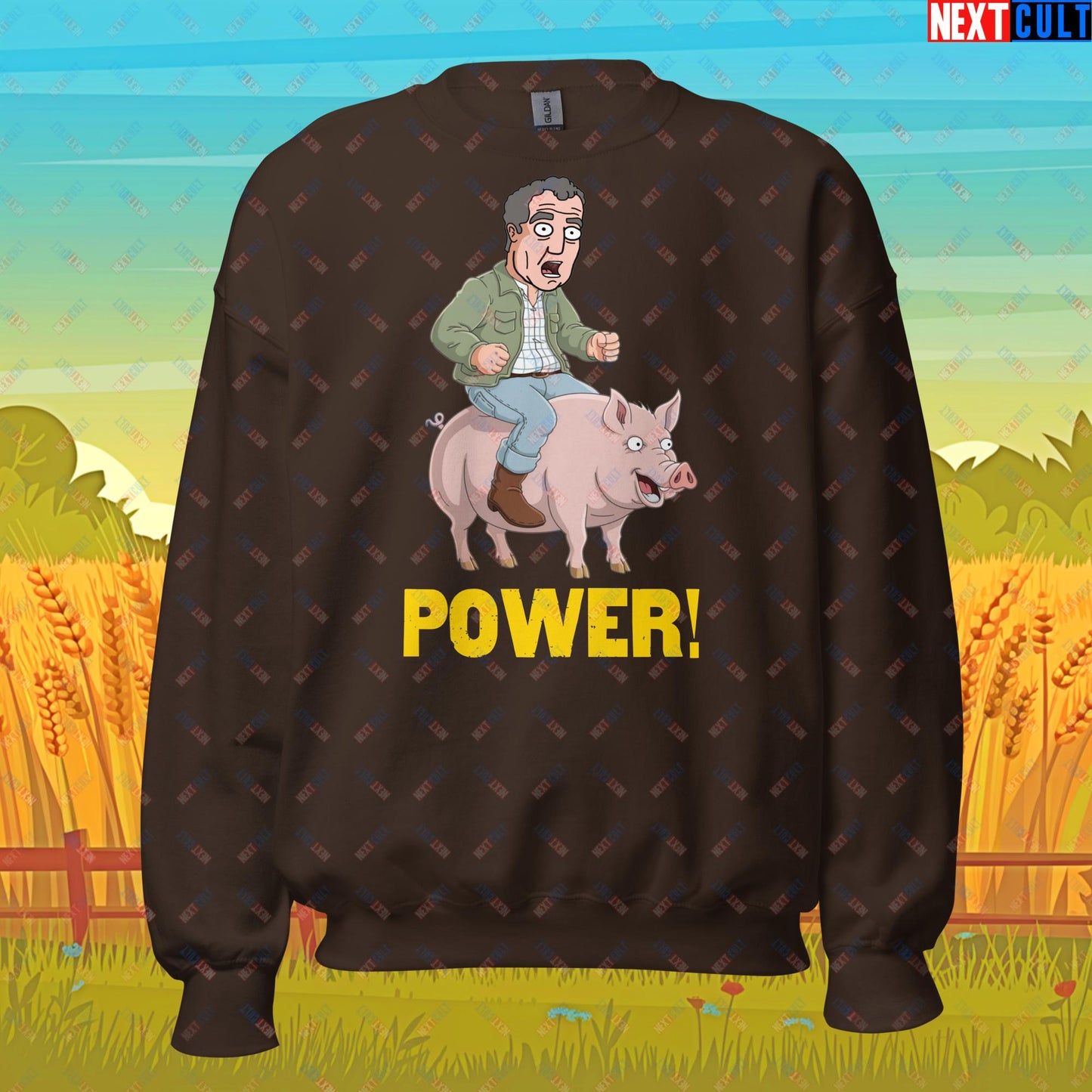 Power Pig Farming Jeremy Clarkson's Farm Diddly Squat Grand Tour Top Gear Funny Meme Cartoon Unisex Sweatshirt Dark Chocolate Sweatshirts Clarkson's Farm Grand Tour Jeremy Clarkson Top Gear TV Shows Next Cult Brand