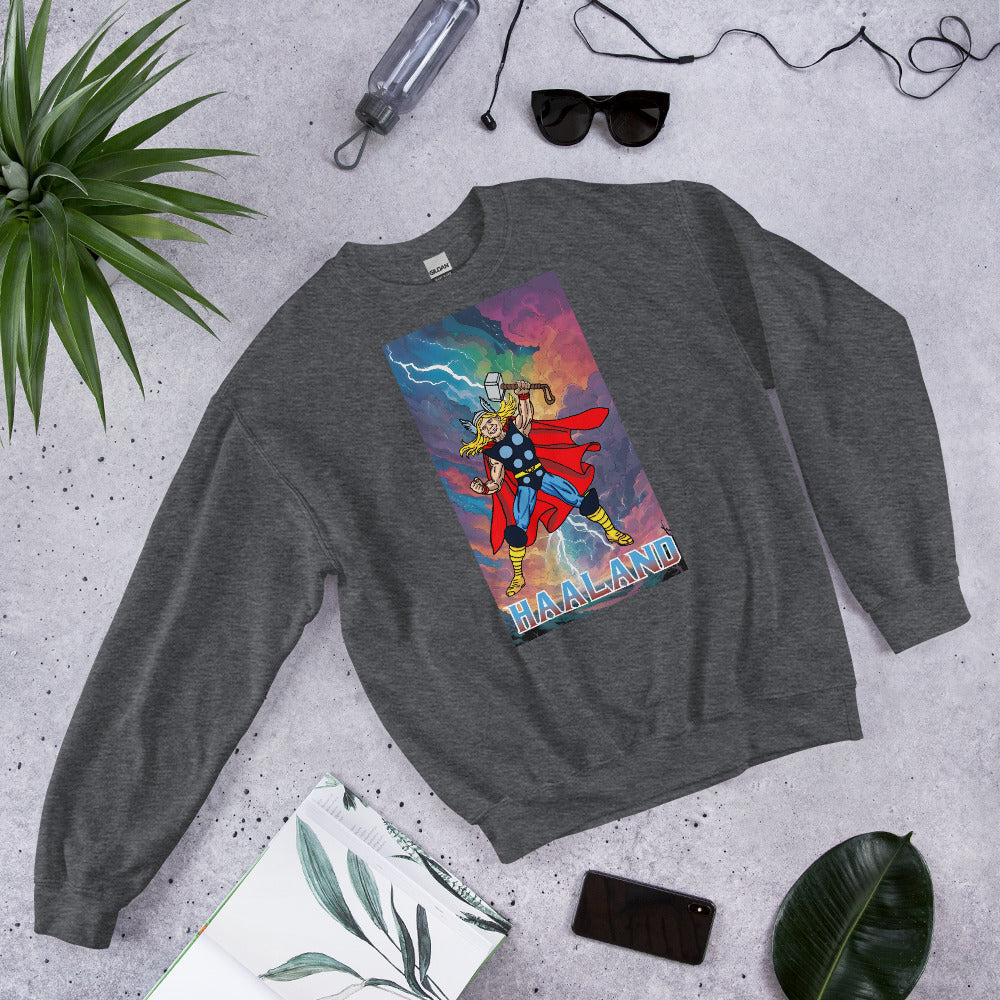 Erling Haaland Thor Avenger Manchester City Funny Football/ Soccer Meme Unisex Sweatshirt Dark Heather Sweatshirts Erling Haaland Football Manchester City Thor Next Cult Brand