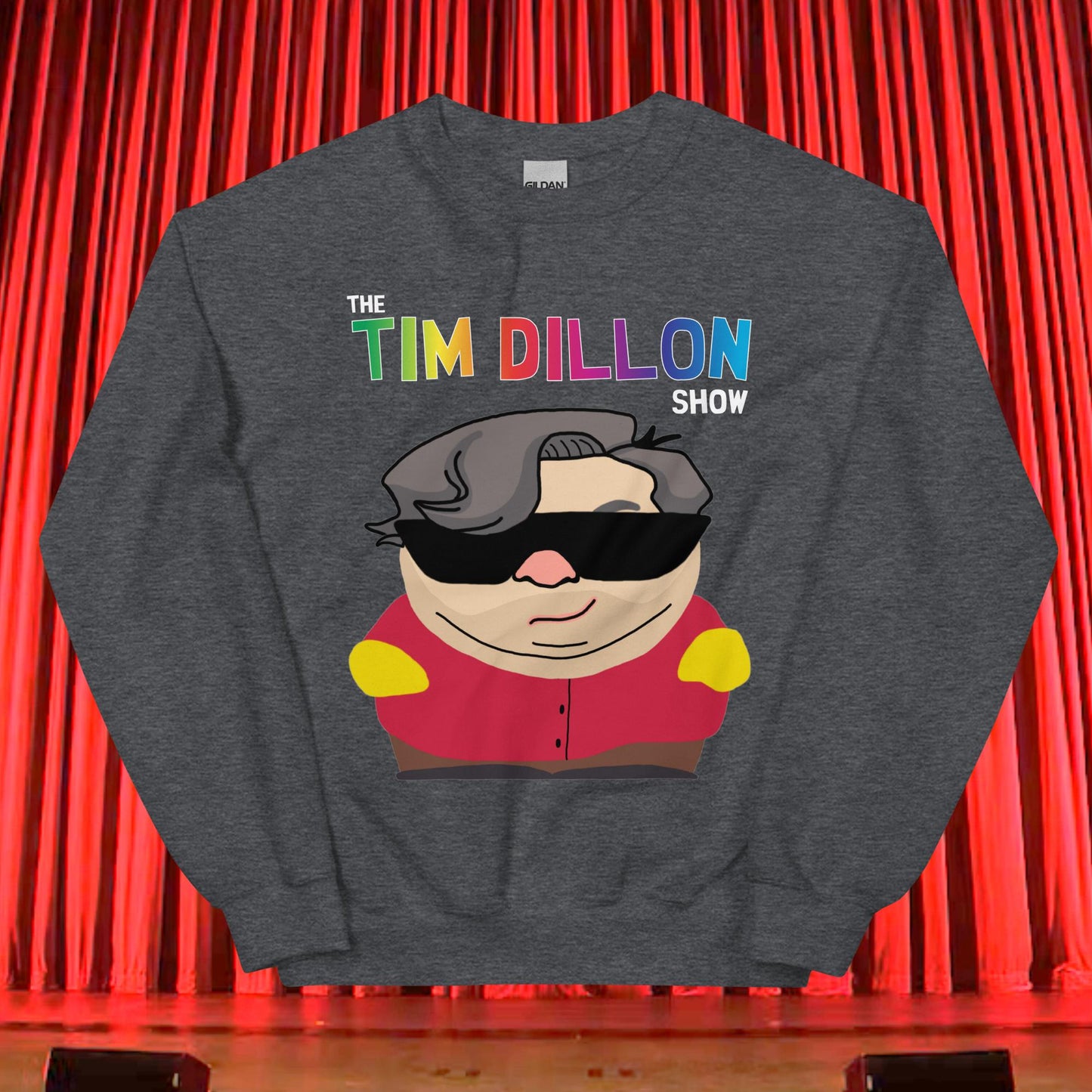Tim Dillon Cartman, Southpark, The Tim Dillon Show, Tim Dillon Podcast, Tim Dillon Merch, Tim Dillon Unisex Sweatshirt Dark Heather Sweatshirts Podcasts Stand-up Comedy Tim Dillon Next Cult Brand
