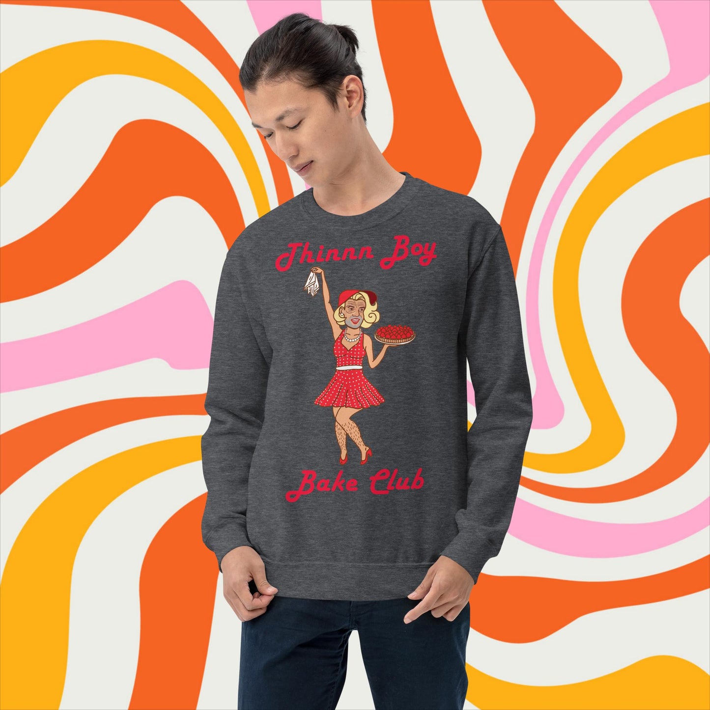 Thinnn Boy Bake Club The Fighter and The Kid TFATK Podcast Comedy 60s retro housewife Bryan Callen Unisex Sweatshirt Dark Heather Sweatshirts Bryan Callen Podcasts Stand-up Comedy The Fighter and The Kid (TFATK) Thinnn Boy Bake Club Next Cult Brand