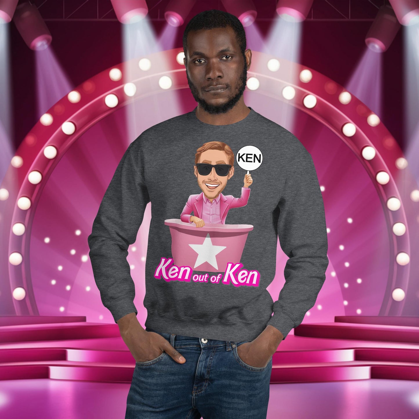 Ken out of Ken Ryan Gosling Barbie Movie Unisex Sweatshirt Dark Heather Sweatshirts Barbie Celebrities Ken Movies Ryan Gosling Next Cult Brand