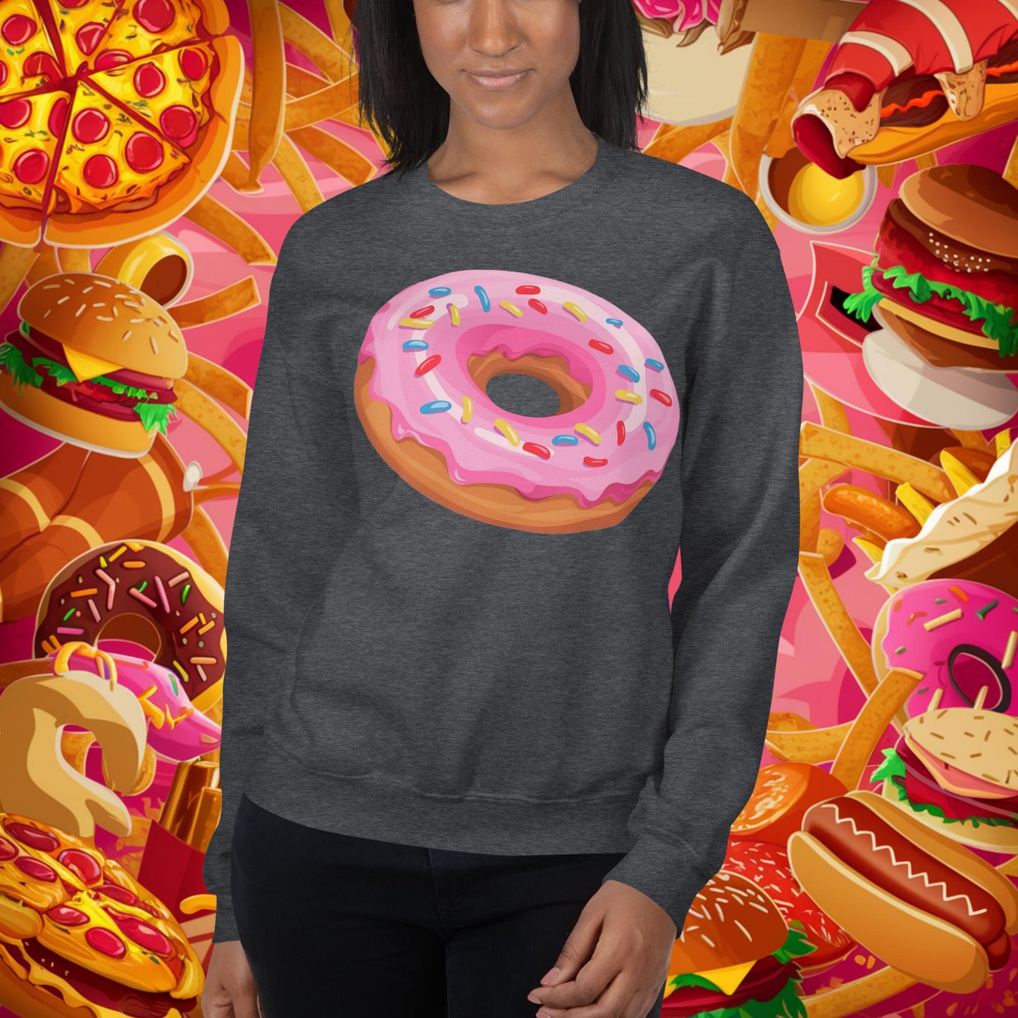 Pink Donut with sprinkles Unisex Sweatshirt Dark Heather Sweatshirts Donuts Fast Food Next Cult Brand