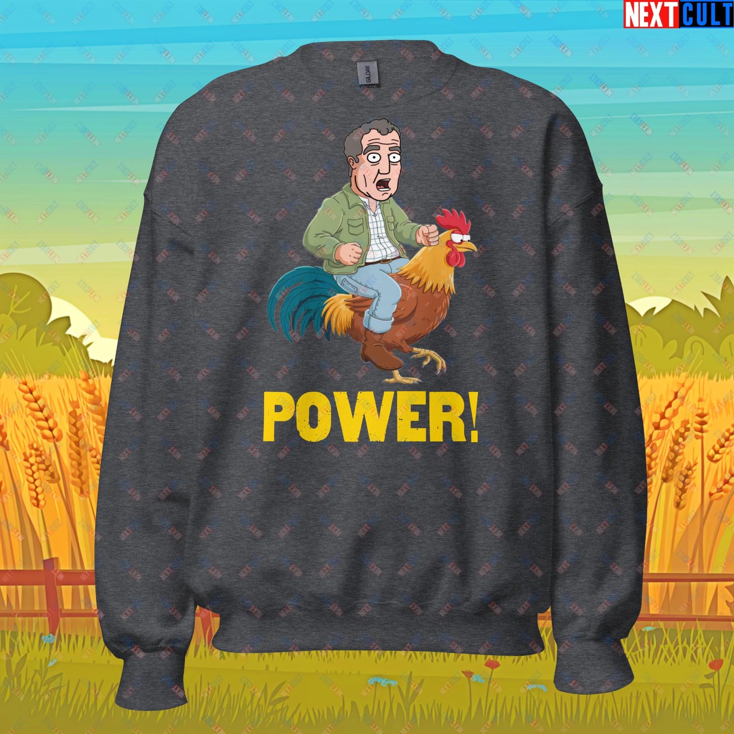Power Rooster Chicken Farming Jeremy Clarkson's Farm Diddly Squat Grand Tour Top Gear Funny Meme Cartoon Unisex Sweatshirt Dark Heather Sweatshirts Clarkson's Farm Grand Tour Jeremy Clarkson Top Gear TV Shows Next Cult Brand