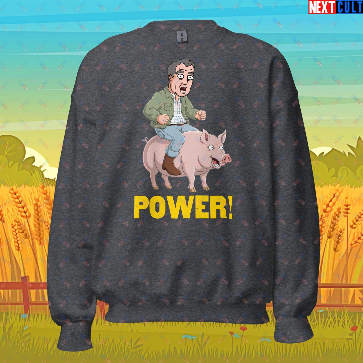 Power Pig Farming Jeremy Clarkson's Farm Diddly Squat Grand Tour Top Gear Funny Meme Cartoon Unisex Sweatshirt Dark Heather Sweatshirts Clarkson's Farm Grand Tour Jeremy Clarkson Top Gear TV Shows Next Cult Brand