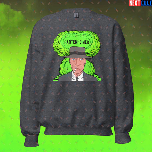 Fartenheimer Sweatshirt - Funny Fart Meme Jumper Inspired by Oppenheimer & Nuclear Explosions - Toilet Humor Pullover Featuring Cillian Murphy Parody - Perfect Gift for Meme Lovers Unisex Sweatshirt Dark Heather Sweatshirts Cillian Murphy Movies Oppenheimer Next Cult Brand
