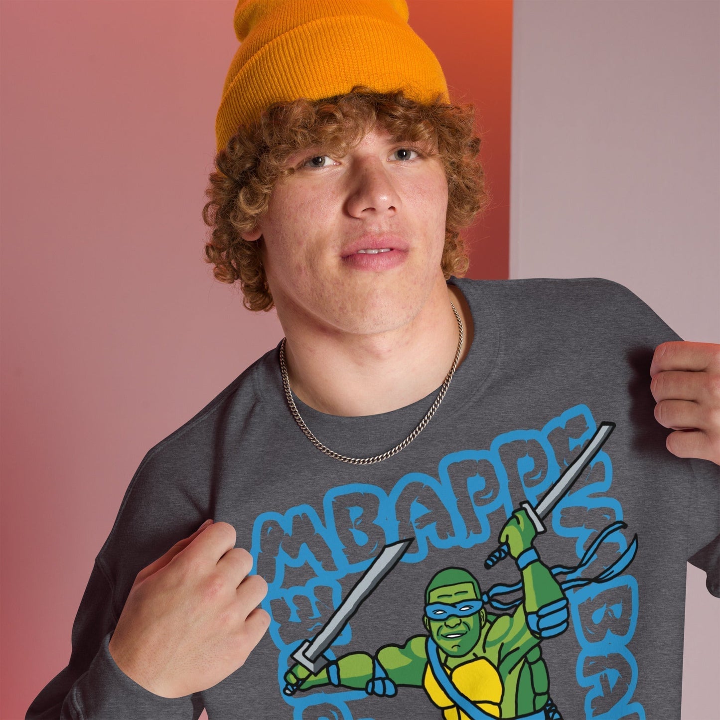 Kylian Mbappe Blue Ninja Turtle Leonardo Unisex Sweatshirt Dark Heather Sweatshirts Football Kylian Mbappe Ninja Turtles PSG Real Madrid Next Cult Brand