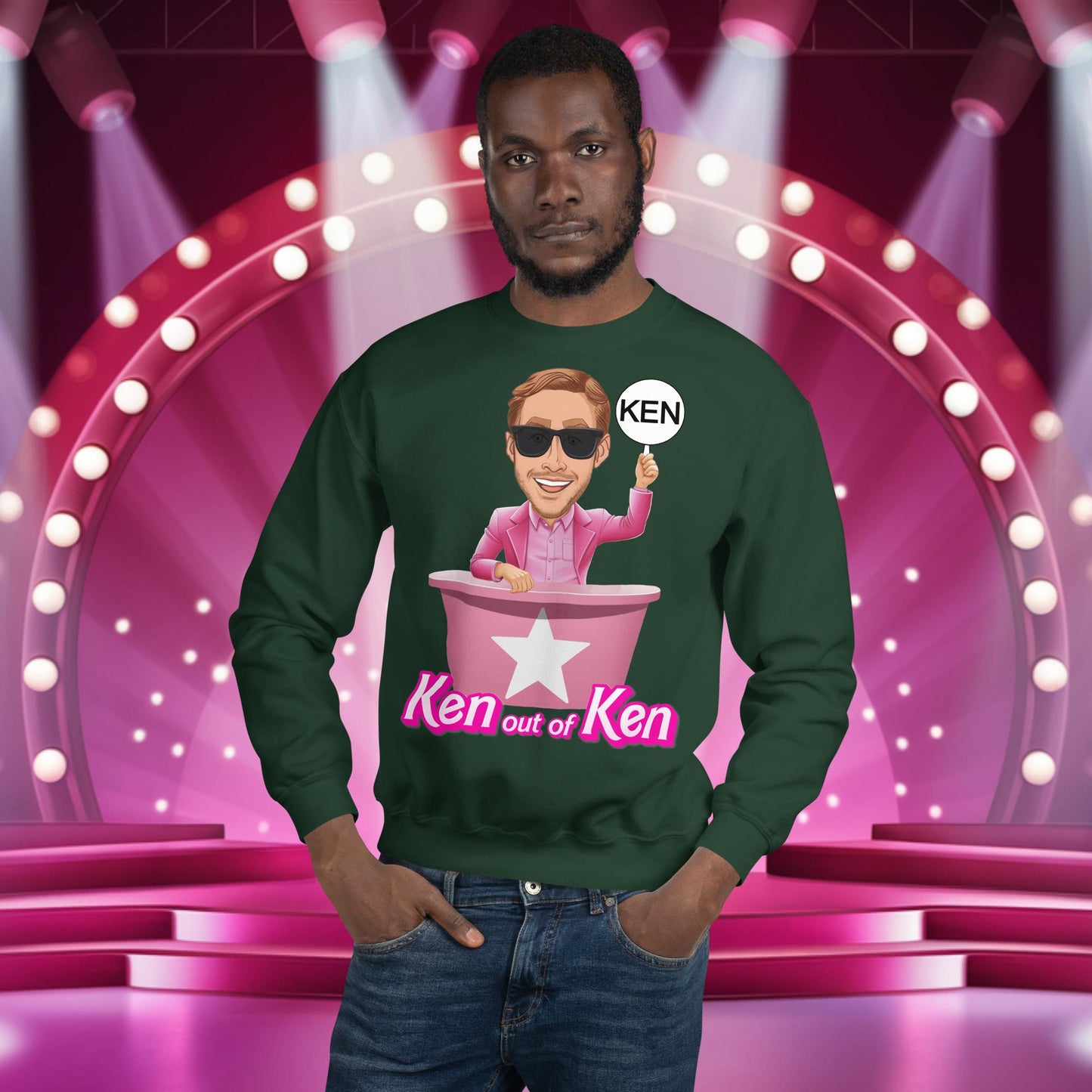 Ken out of Ken Ryan Gosling Barbie Movie Unisex Sweatshirt Forest Green Sweatshirts Barbie Celebrities Ken Movies Ryan Gosling Next Cult Brand