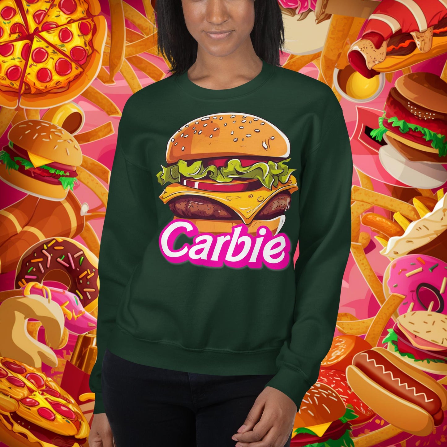Carbie Barbie Cheeseburger Unisex Sweatshirt Forest Green Sweatshirts Barbie Burgers Carbie Fast Food Movies Next Cult Brand