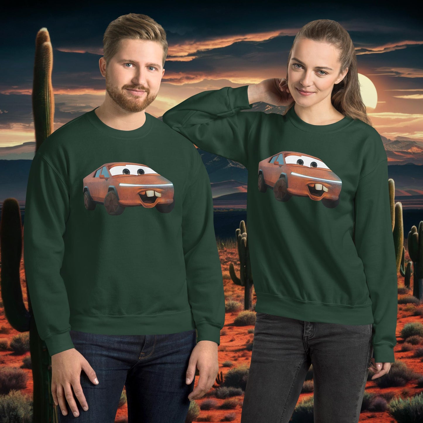 Rusty Tesla Cybertruck Elon Musk Cars Movie Tow Mater Unisex Sweatshirt Forest Green Sweatshirts Cars Movie Celebrities Cybertruck Elon Musk Movies Tesla Next Cult Brand