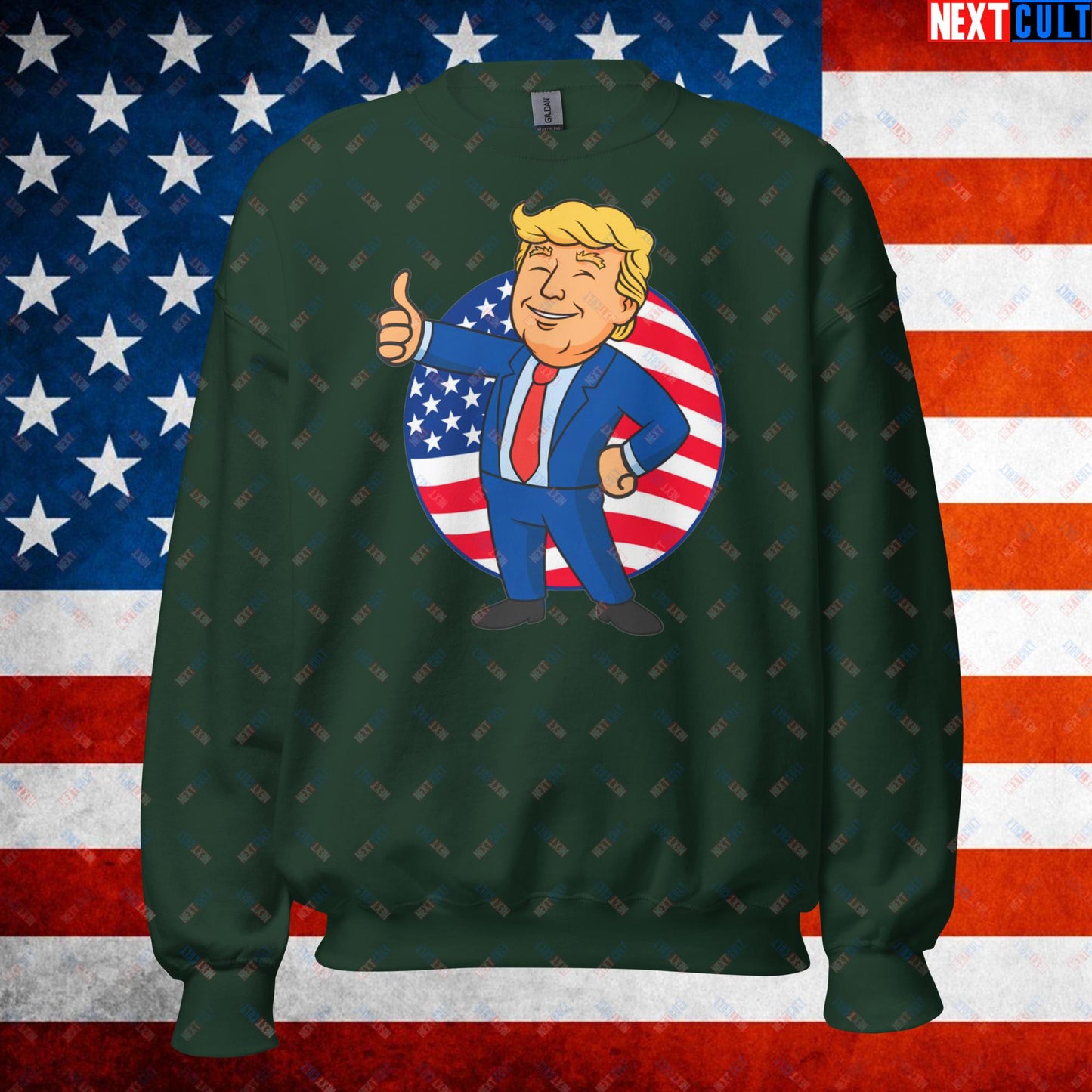 President Boy Donald Trump Politics Vault Boy Fallout Funny Meme Cartoon Mashup Unisex Sweatshirt Forest Green Sweatshirts Donald Trump Fallout Politics Republicans Vault Boy Next Cult Brand