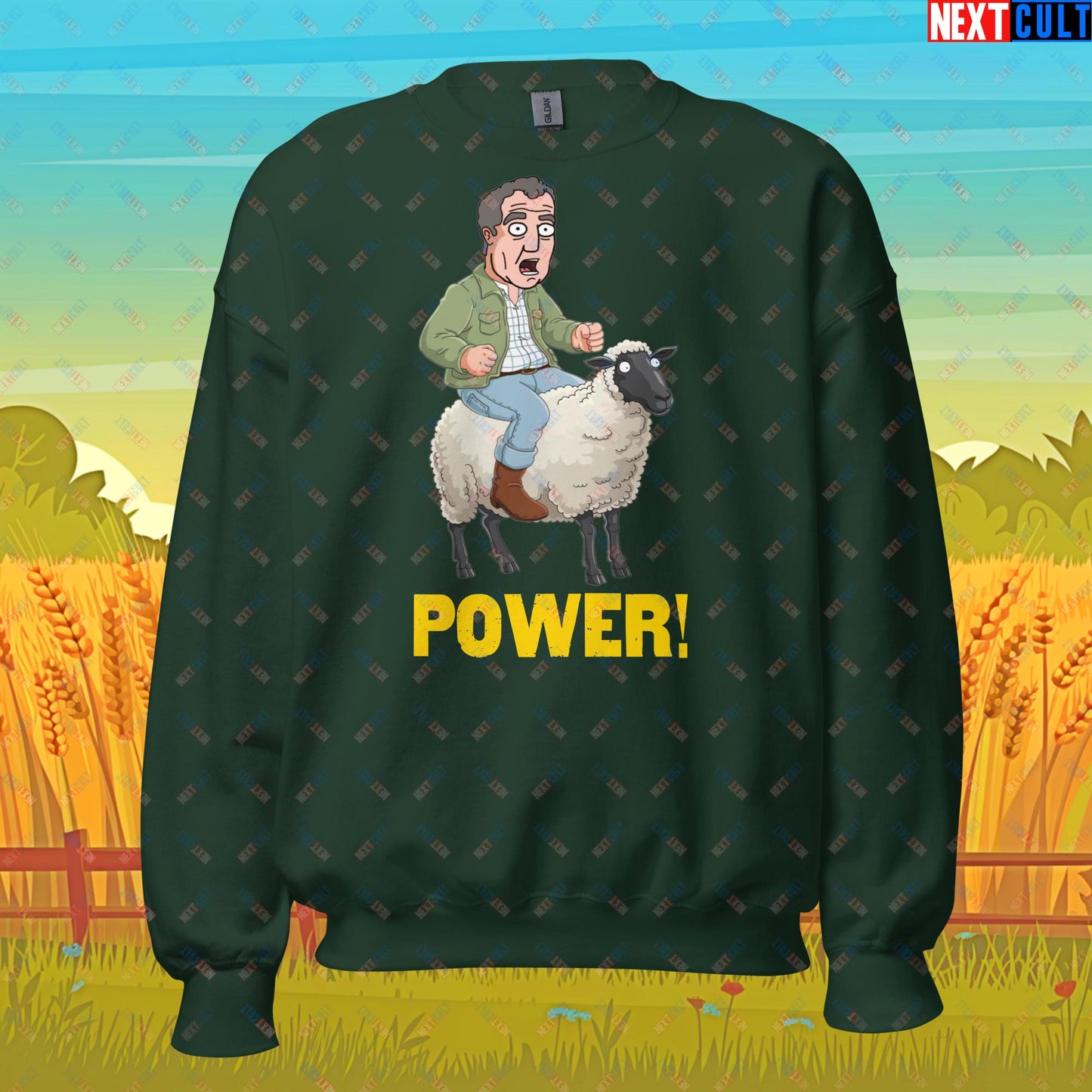 Power Sheep Jeremy Clarkson's Farm Diddly Squat Grand Tour Top Gear Funny Meme Cartoon Unisex Sweatshirt Forest Green Sweatshirts Clarkson's Farm Grand Tour Jeremy Clarkson Top Gear TV Shows Next Cult Brand