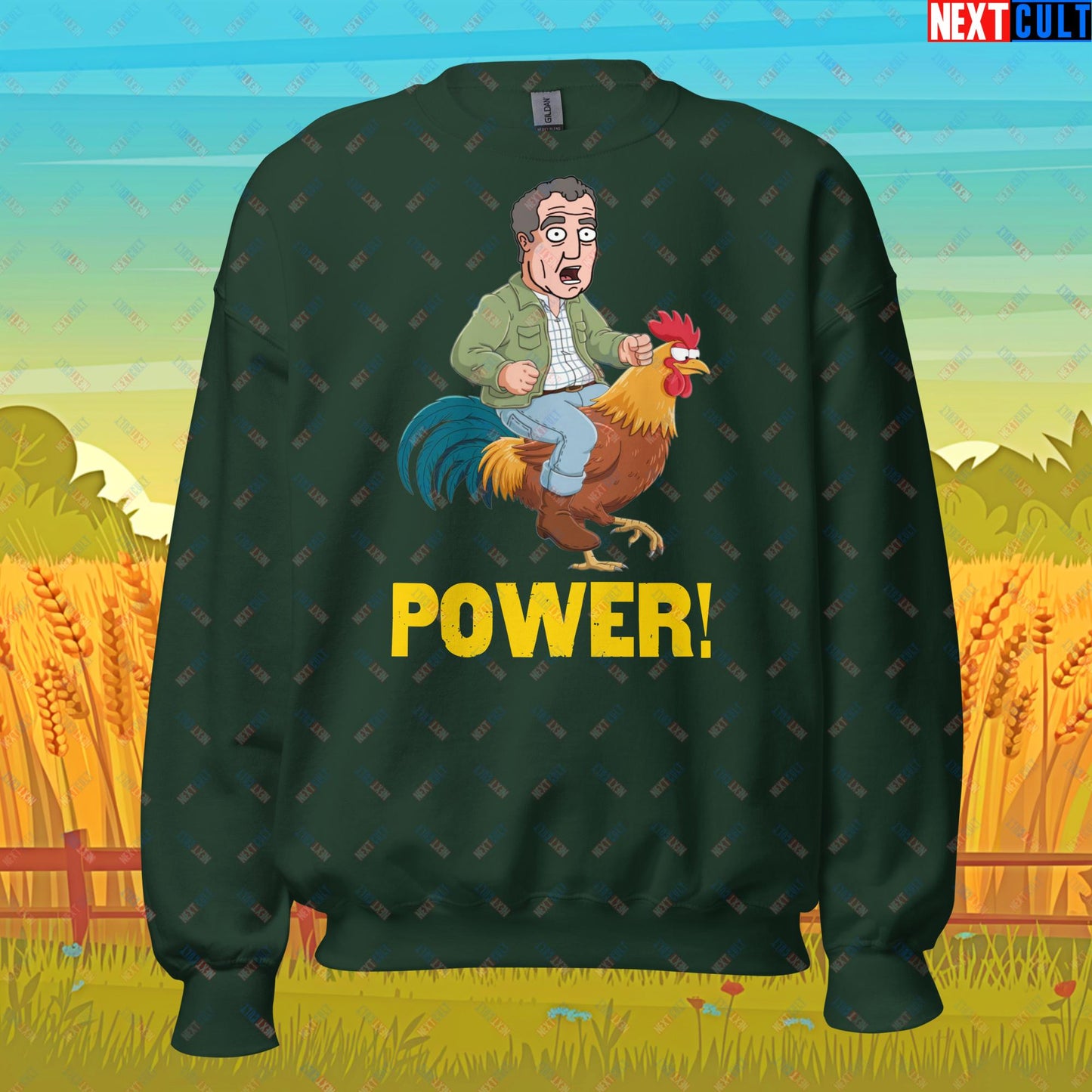 Power Rooster Chicken Farming Jeremy Clarkson's Farm Diddly Squat Grand Tour Top Gear Funny Meme Cartoon Unisex Sweatshirt Forest Green Sweatshirts Clarkson's Farm Grand Tour Jeremy Clarkson Top Gear TV Shows Next Cult Brand
