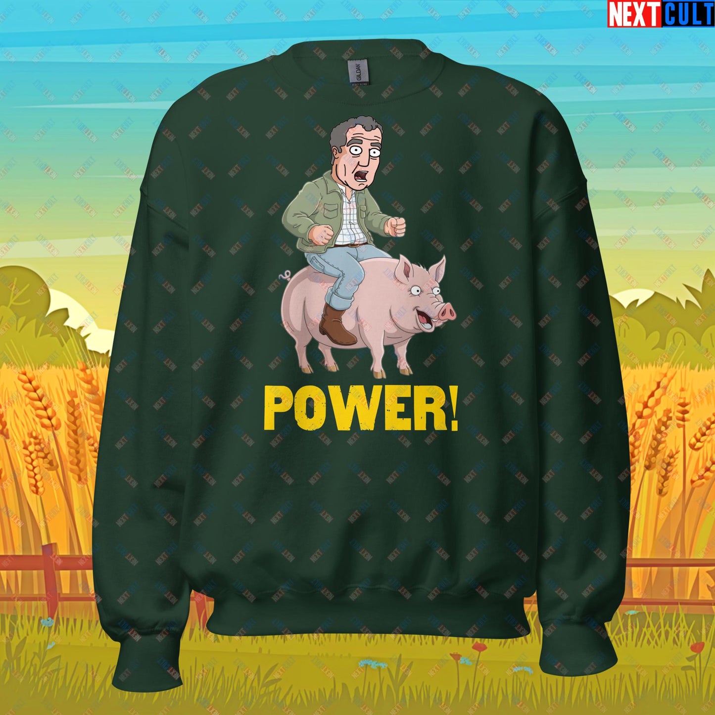 Power Pig Farming Jeremy Clarkson's Farm Diddly Squat Grand Tour Top Gear Funny Meme Cartoon Unisex Sweatshirt Forest Green Sweatshirts Clarkson's Farm Grand Tour Jeremy Clarkson Top Gear TV Shows Next Cult Brand