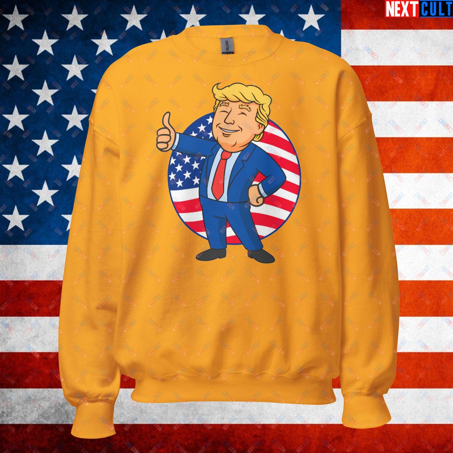 President Boy Donald Trump Politics Vault Boy Fallout Funny Meme Cartoon Mashup Unisex Sweatshirt Gold Sweatshirts Donald Trump Fallout Politics Republicans Vault Boy Next Cult Brand