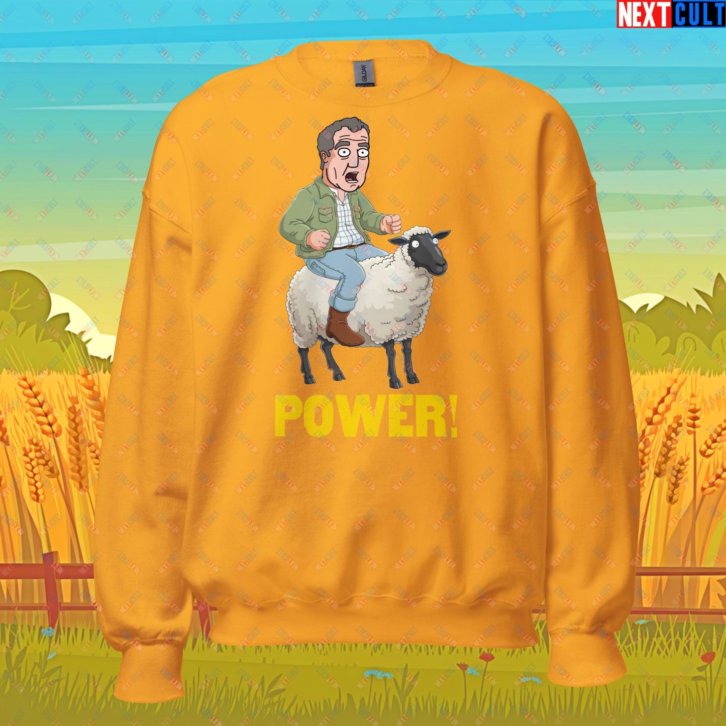 Power Sheep Jeremy Clarkson's Farm Diddly Squat Grand Tour Top Gear Funny Meme Cartoon Unisex Sweatshirt Gold Sweatshirts Clarkson's Farm Grand Tour Jeremy Clarkson Top Gear TV Shows Next Cult Brand