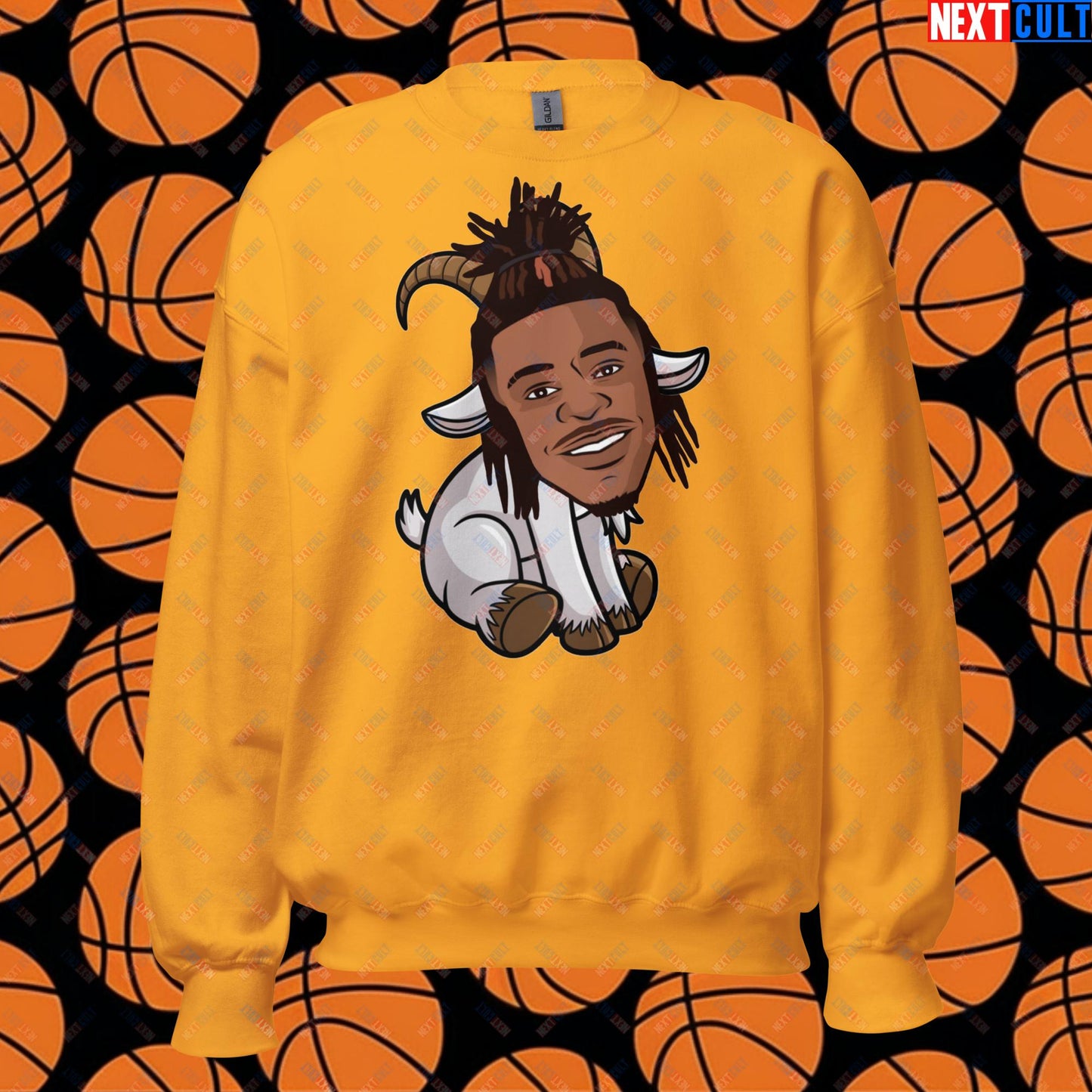 Ja Morant G.O.A.T. Sweatshirt - Funny Basketball Meme Jumper - Memphis Grizzlies GOAT Cartoon Design Pullover - Perfect Gift for Basketball Fans Unisex Sweatshirt Gold Sweatshirts Basketball G.O.A.T. Ja Morant Memphis Grizzlies NBA Next Cult Brand
