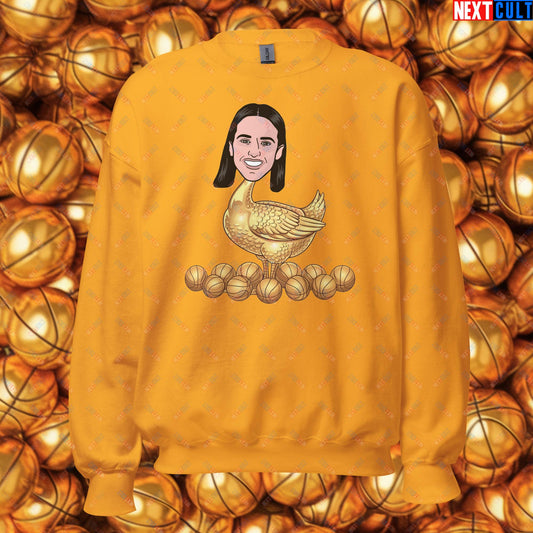 Caitlin Clark Golden Goose Sweatshirt - Funny WNBA Indiana Fever Basketball Meme Jumper - Golden Basketball Laying Goose Design for Fans - Perfect Gift for Basketball Lovers Unisex Sweatshirt Gold Sweatshirts Basketball Caitlin Clark Indiana Fever WNBA Next Cult Brand