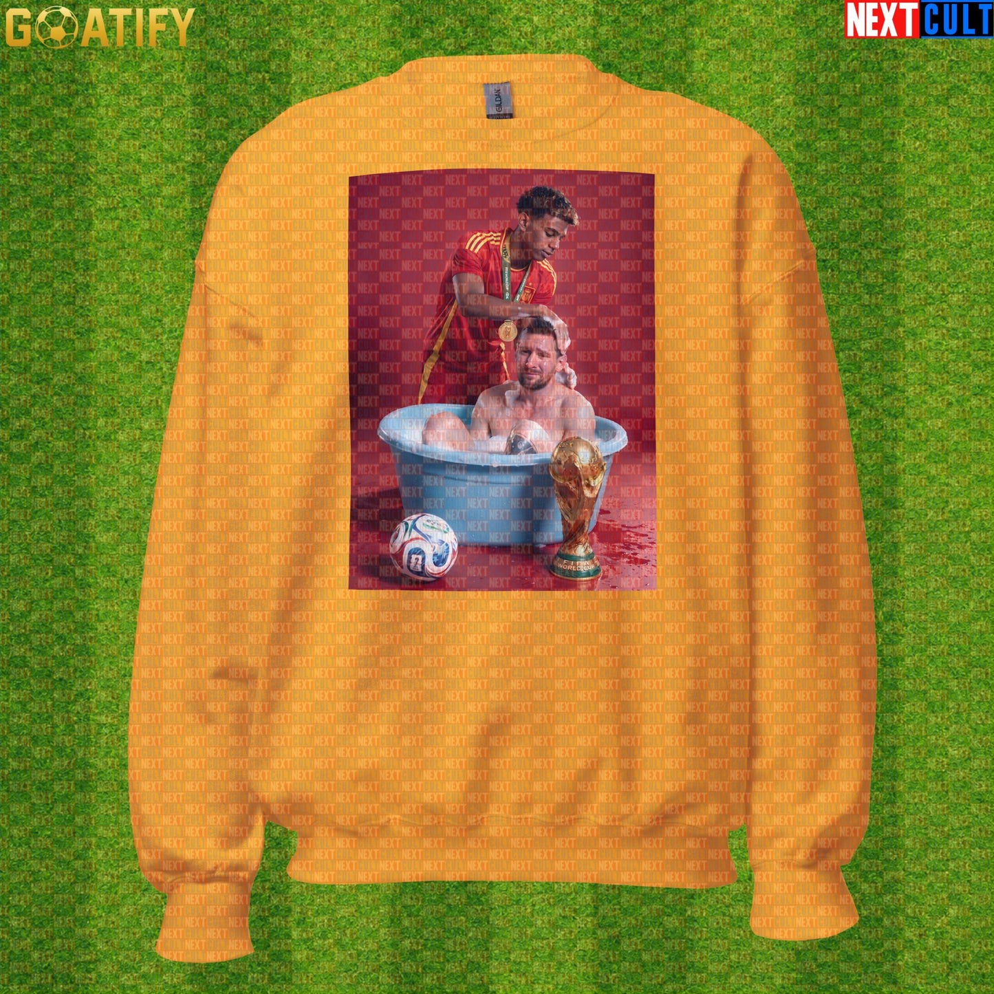 Lamine Yamal Sweatshirt – Reversed Messi Bath Meme Crewneck for Spain Football Fans Gold Sweatshirts Next Cult Brand