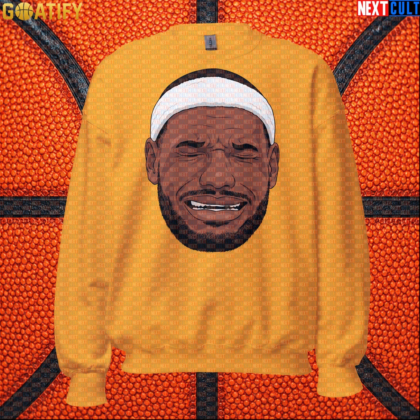 Crying LeBron Meme Sweatshirt – Funny NBA Basketball Crewneck Gift for Sports Fans Gold Sweatshirts Next Cult Brand