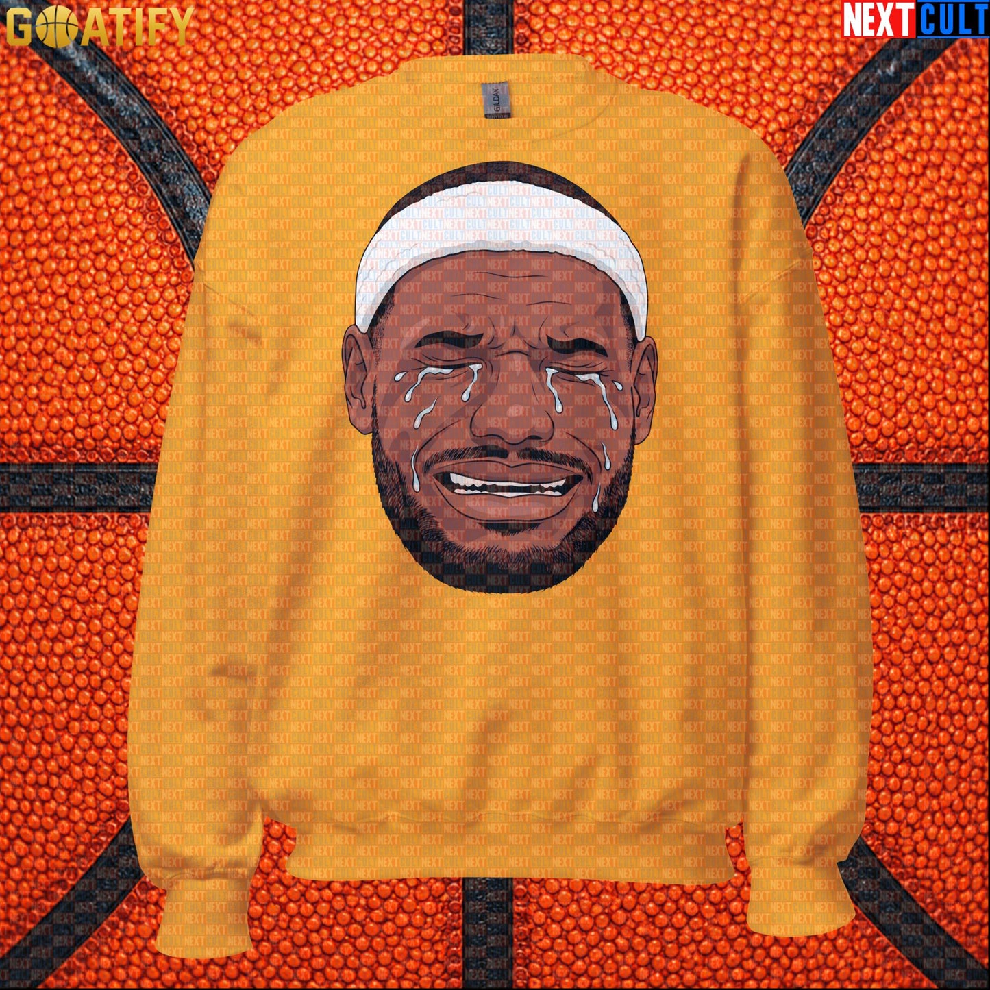 Crying LeBron Meme Sweatshirt – Funny NBA Basketball Crewneck Game Day Gift for Fans Gold Sweatshirts Next Cult Brand