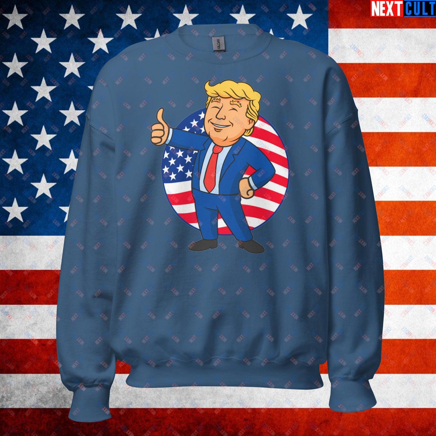 President Boy Donald Trump Politics Vault Boy Fallout Funny Meme Cartoon Mashup Unisex Sweatshirt Indigo Blue Sweatshirts Donald Trump Fallout Politics Republicans Vault Boy Next Cult Brand
