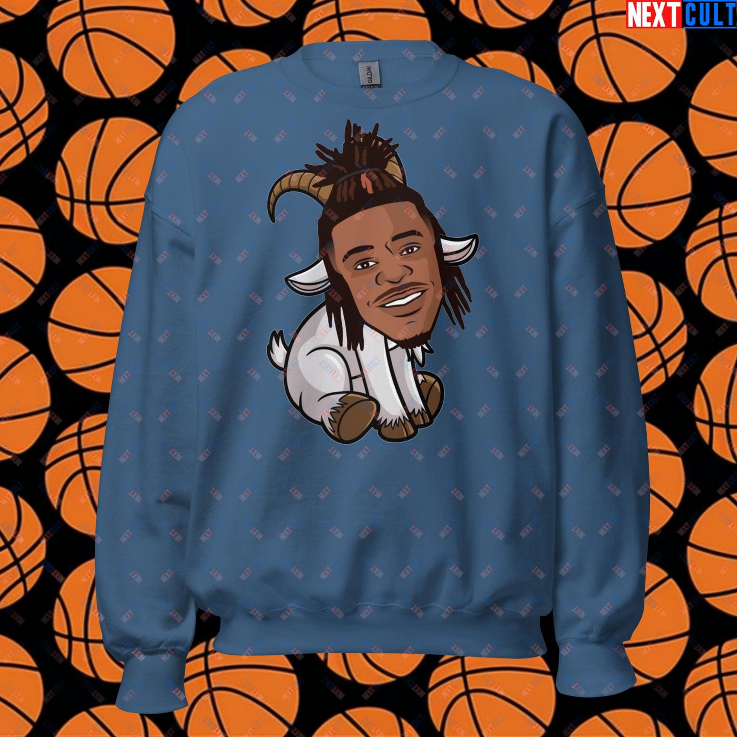 Ja Morant G.O.A.T. Sweatshirt - Funny Basketball Meme Jumper - Memphis Grizzlies GOAT Cartoon Design Pullover - Perfect Gift for Basketball Fans Unisex Sweatshirt Indigo Blue Sweatshirts Basketball G.O.A.T. Ja Morant Memphis Grizzlies NBA Next Cult Brand