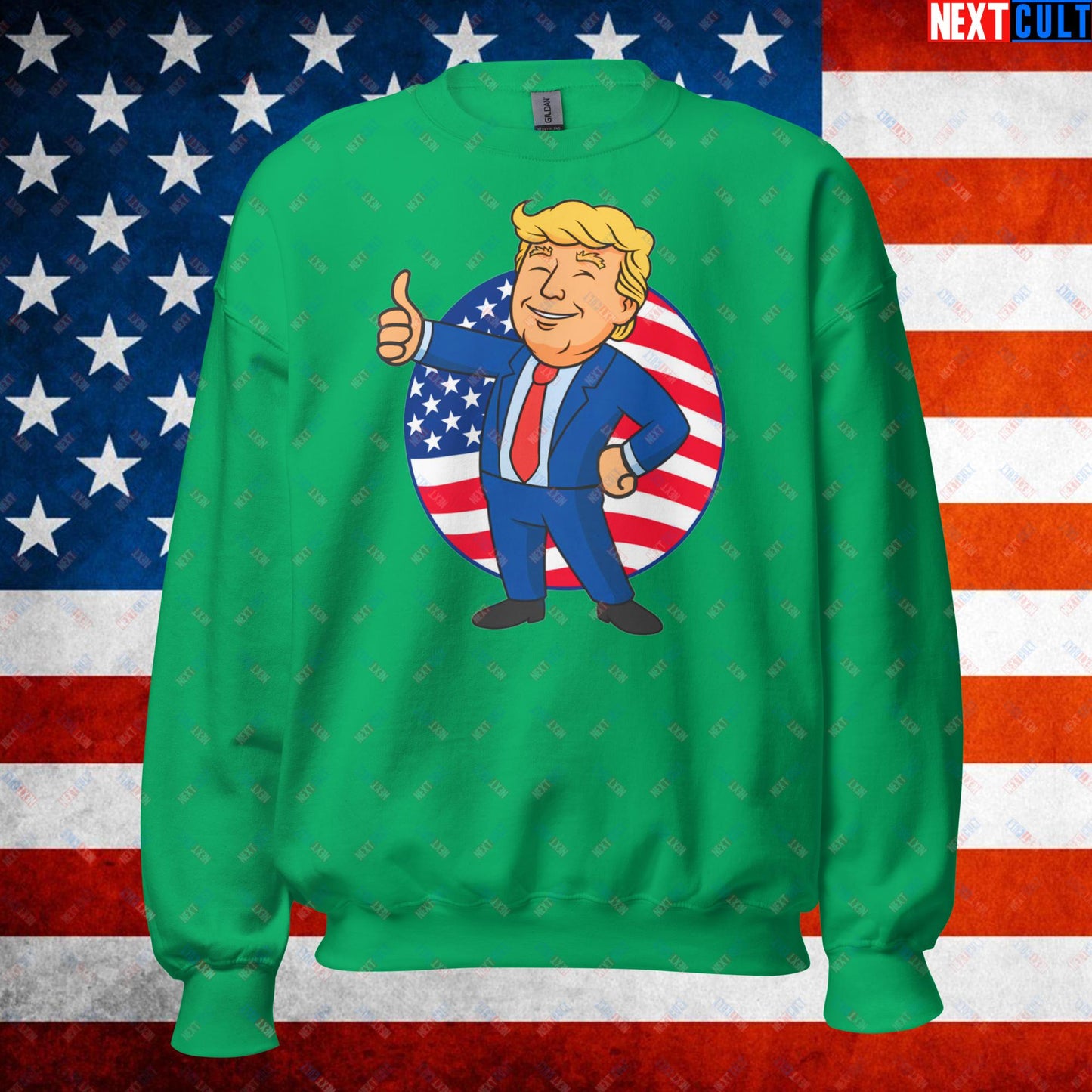 President Boy Donald Trump Politics Vault Boy Fallout Funny Meme Cartoon Mashup Unisex Sweatshirt Irish Green Sweatshirts Donald Trump Fallout Politics Republicans Vault Boy Next Cult Brand