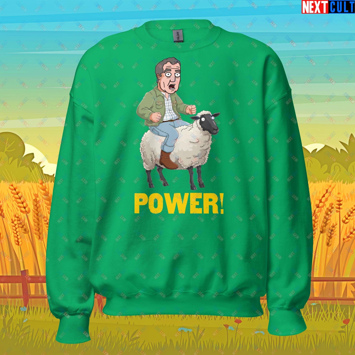 Power Sheep Jeremy Clarkson's Farm Diddly Squat Grand Tour Top Gear Funny Meme Cartoon Unisex Sweatshirt Irish Green Sweatshirts Clarkson's Farm Grand Tour Jeremy Clarkson Top Gear TV Shows Next Cult Brand