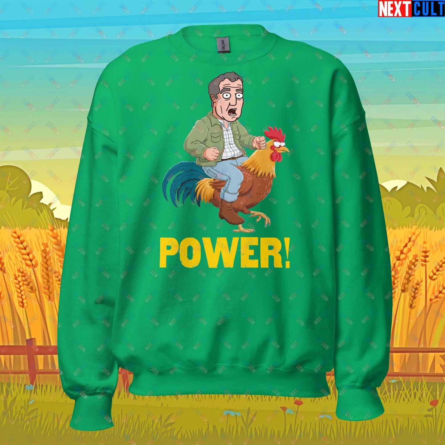 Power Rooster Chicken Farming Jeremy Clarkson's Farm Diddly Squat Grand Tour Top Gear Funny Meme Cartoon Unisex Sweatshirt Irish Green Sweatshirts Clarkson's Farm Grand Tour Jeremy Clarkson Top Gear TV Shows Next Cult Brand