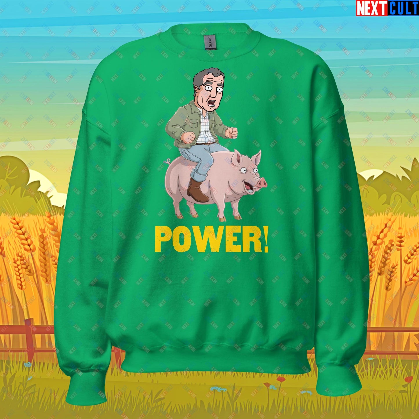 Power Pig Farming Jeremy Clarkson's Farm Diddly Squat Grand Tour Top Gear Funny Meme Cartoon Unisex Sweatshirt Irish Green Sweatshirts Clarkson's Farm Grand Tour Jeremy Clarkson Top Gear TV Shows Next Cult Brand