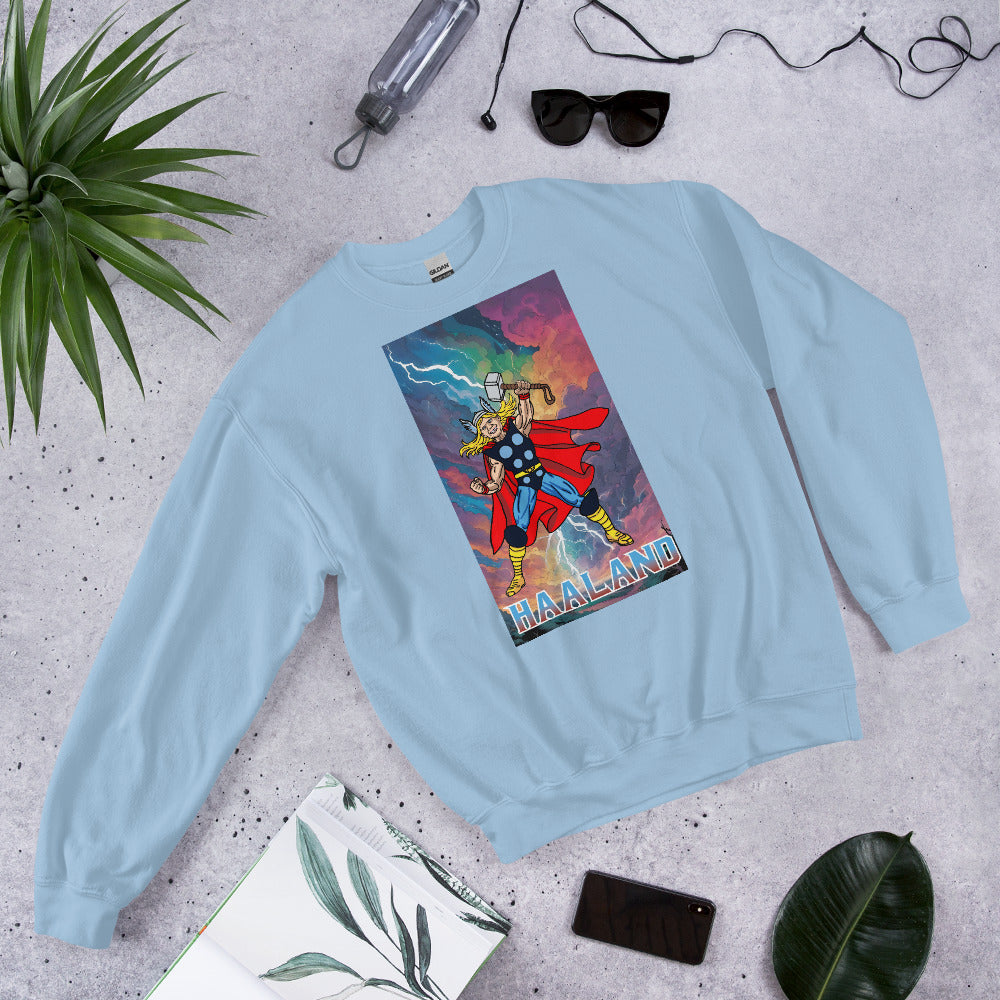 Erling Haaland Thor Avenger Manchester City Funny Football/ Soccer Meme Unisex Sweatshirt Light Blue Sweatshirts Erling Haaland Football Manchester City Thor Next Cult Brand