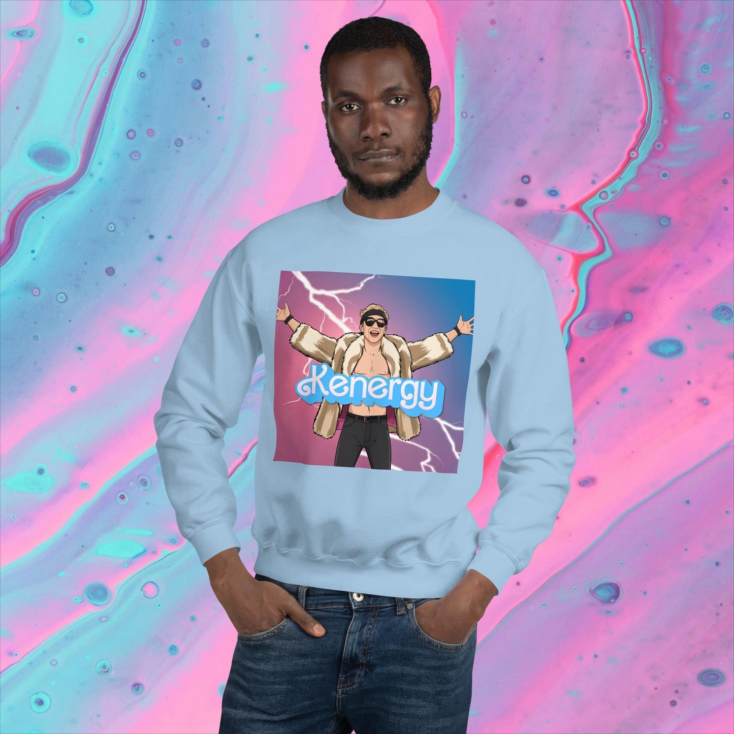 Kenergy Barbie Ryan Gosling Ken Unisex Sweatshirt Light Blue Sweatshirts Barbie Celebrities Ken Kenergy Movies Ryan Gosling Next Cult Brand